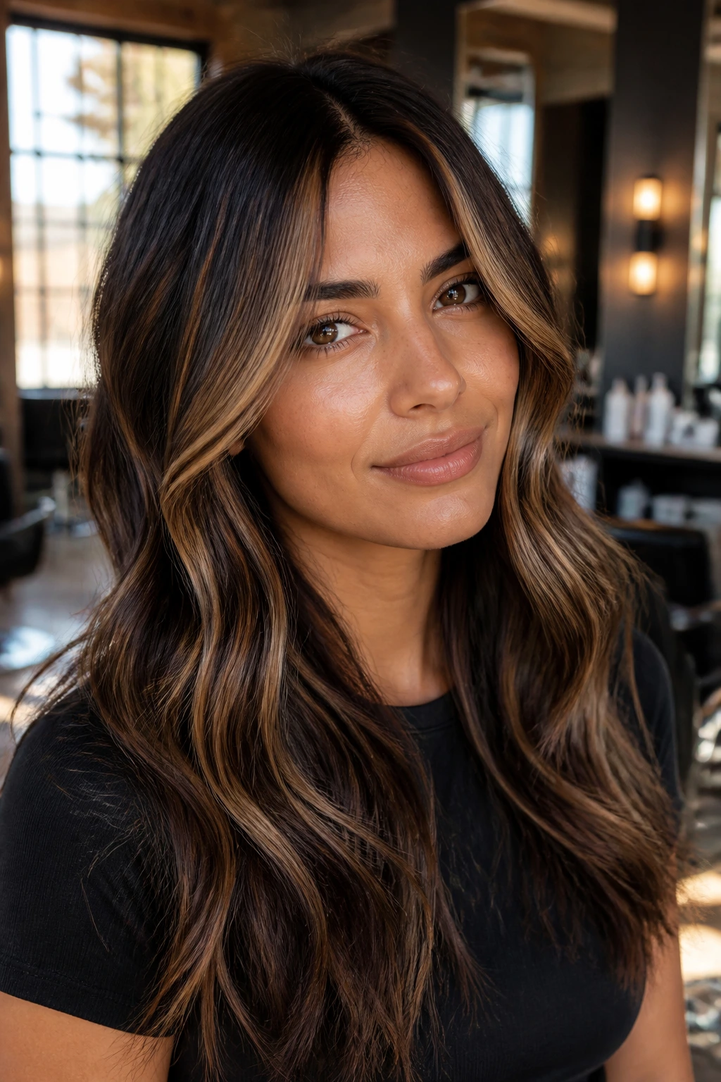 Close-up portrait of a real woman with mocha melt and caramel face-framing glow in warm salon light