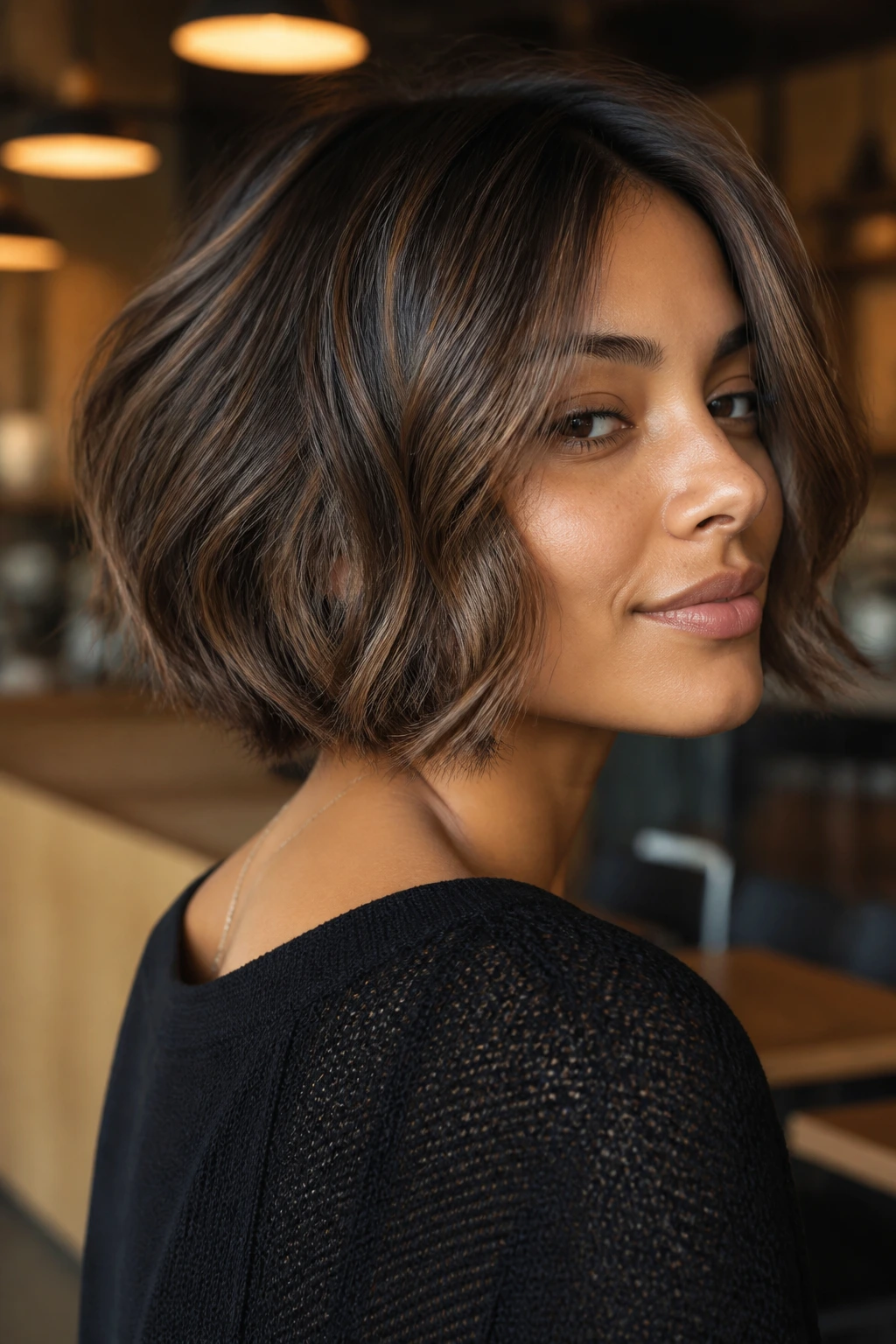 Close-up of Mocha Melt Crop showing smooth root-to-midtone transition on jaw-length hair