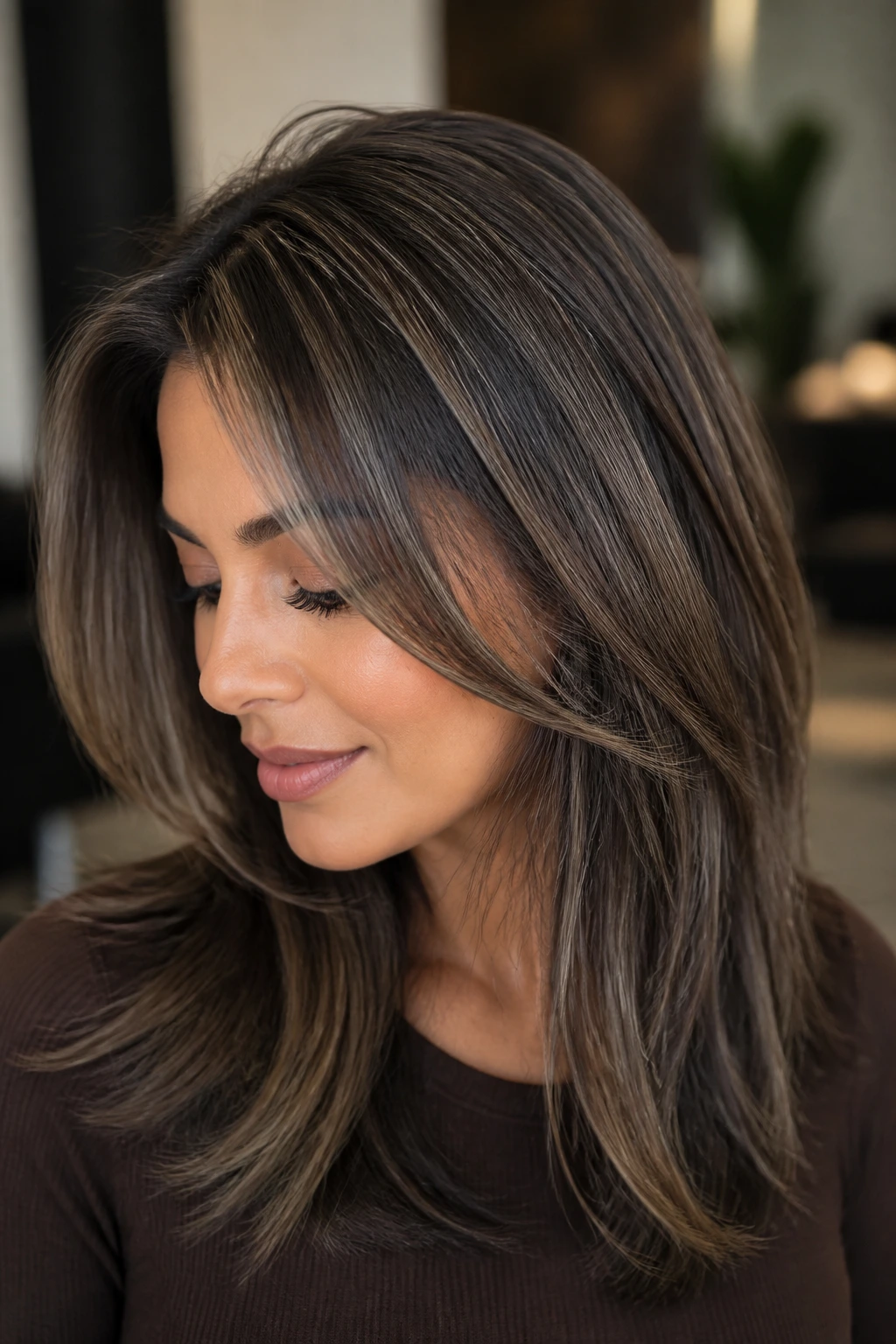 Mocha melt color with ash lowlights under crown on fine hair in a salon portrait