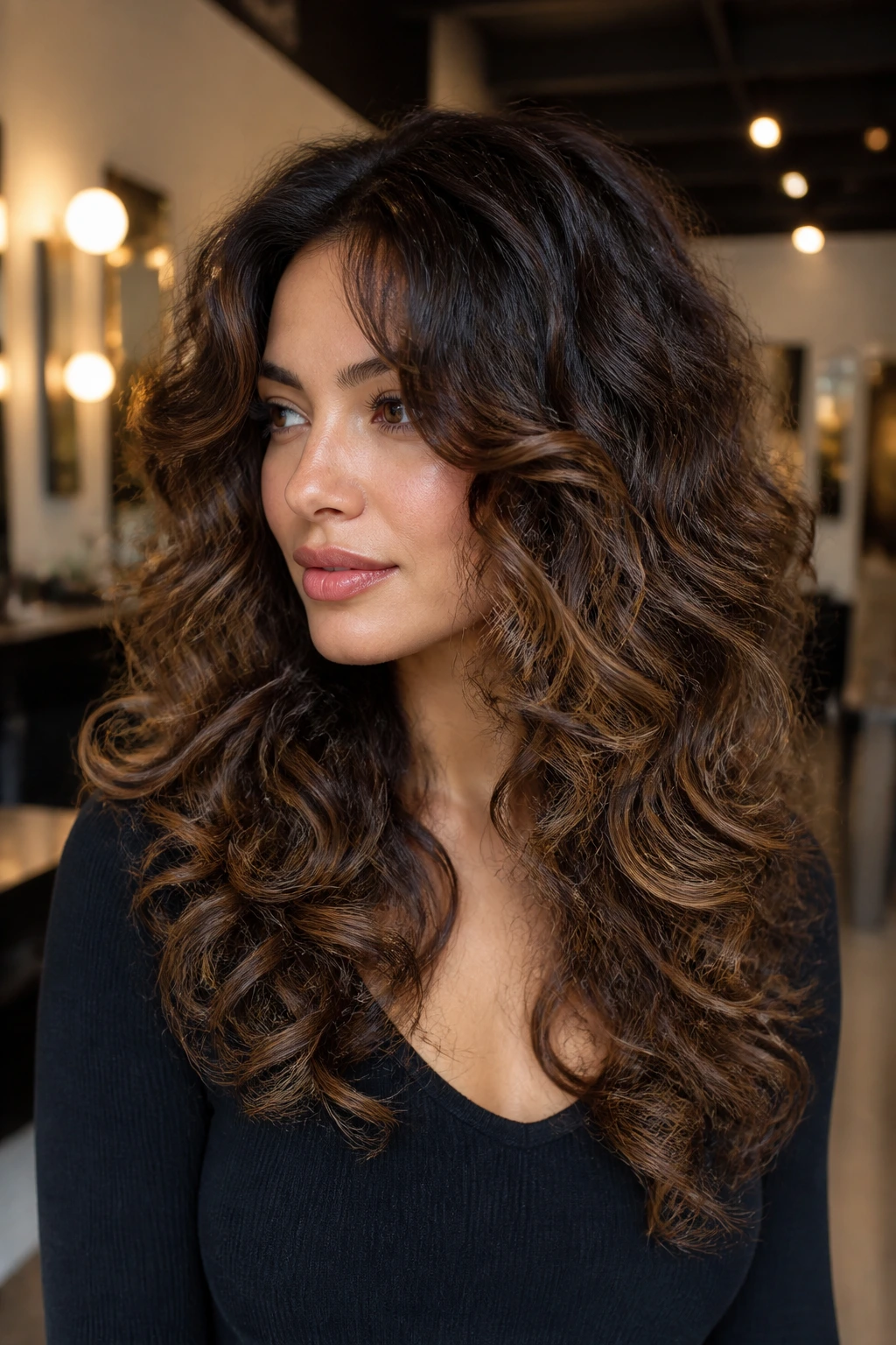 Portrait of layered curly hair with mocha melt showing gradient from root to ends.