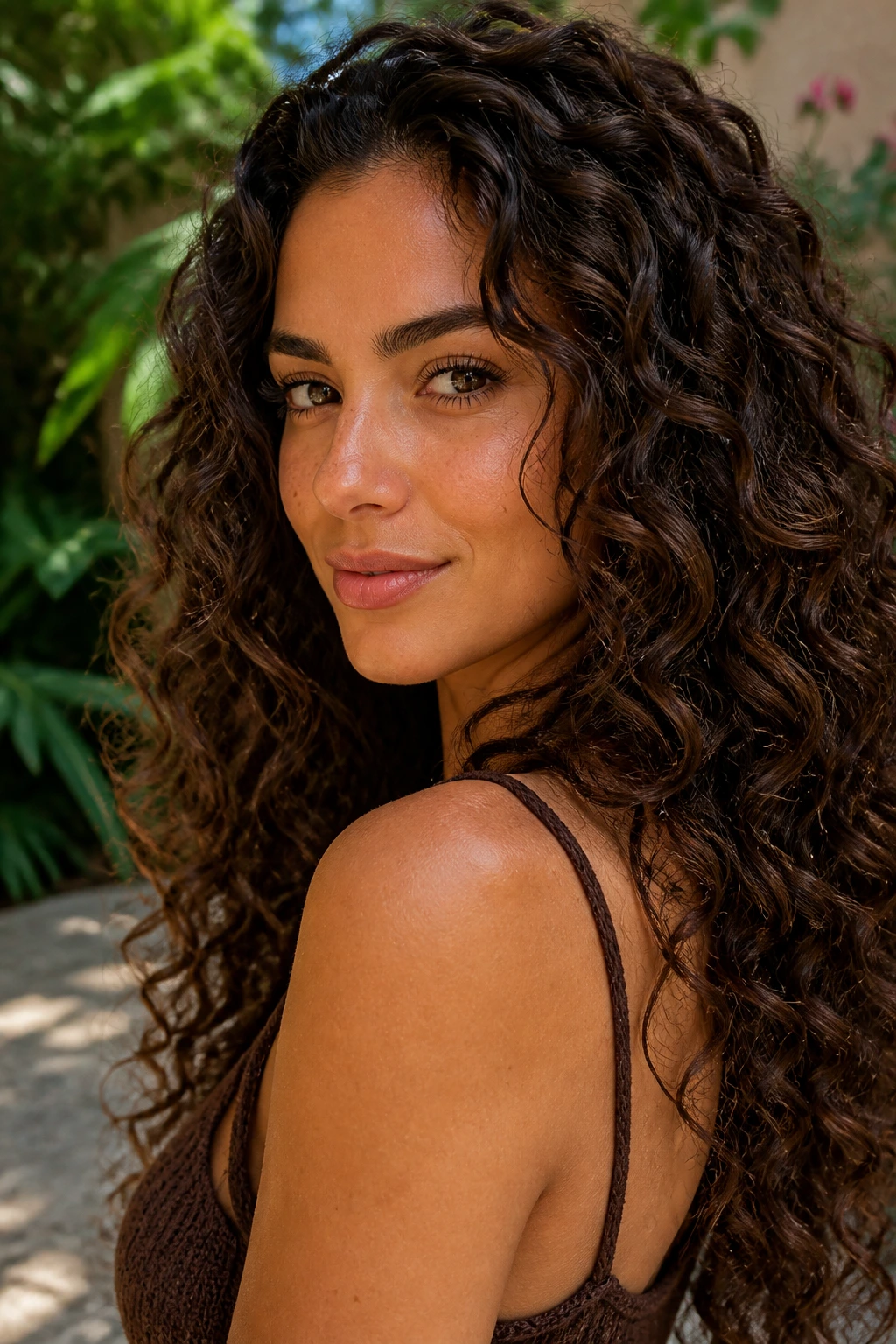 Close-up of a real woman with mocha melt curls on olive skin