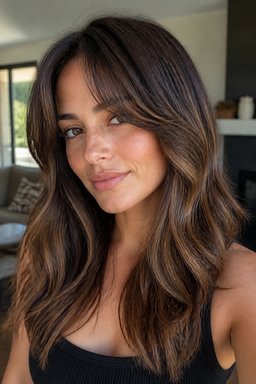 Woman with mocha melt and curtain bangs framing the face