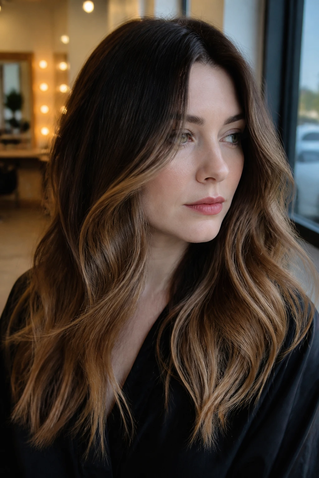 Close-up of a real woman with mocha melt brunette gradient, deep roots to lighter ends under warm window light.