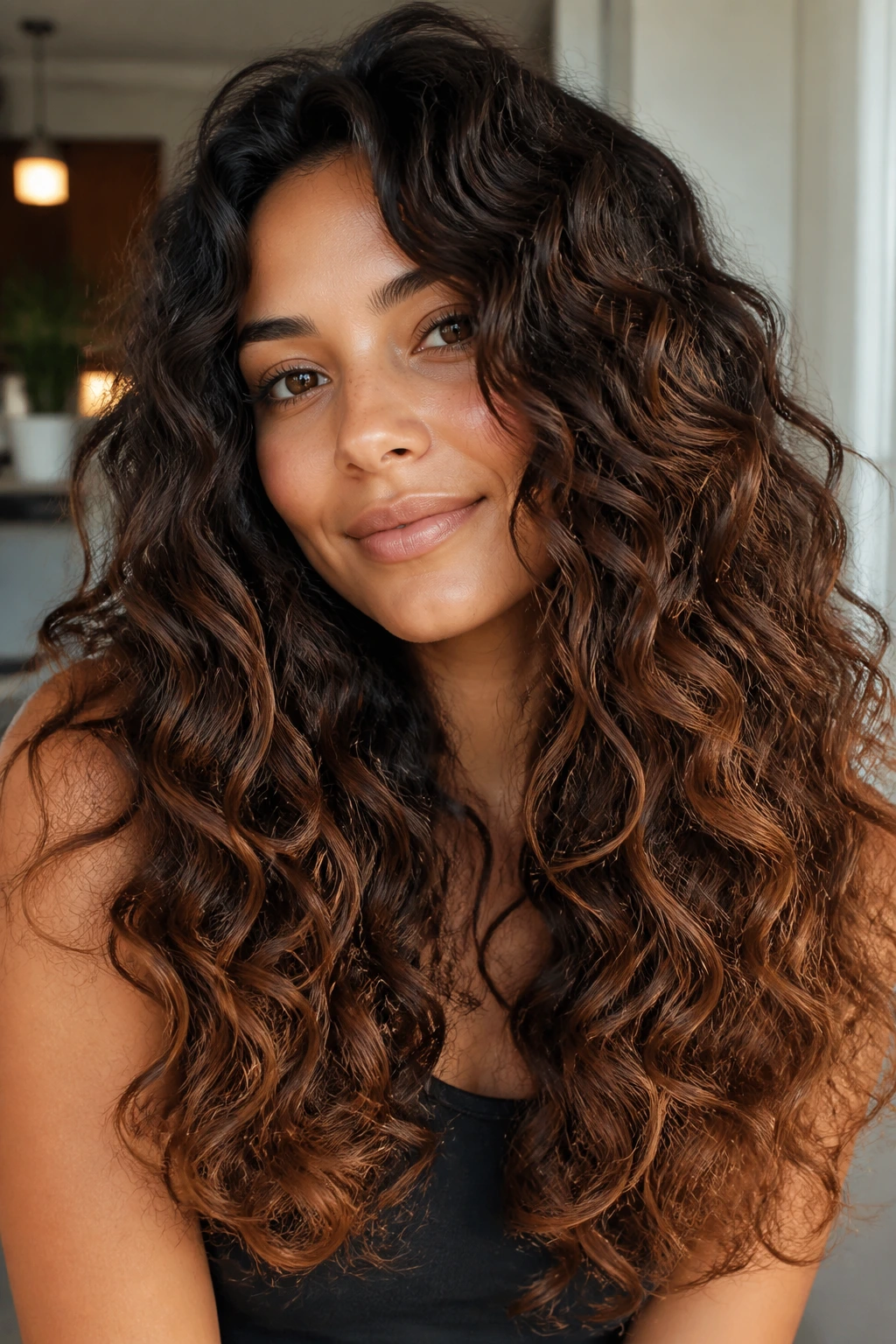 Close-up of mocha melt gradient on brunette curls