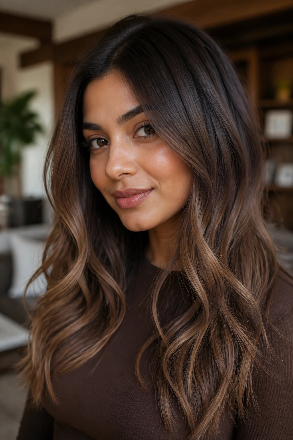 Close-up portrait of a real woman with mocha melt hair blending dark roots to ends