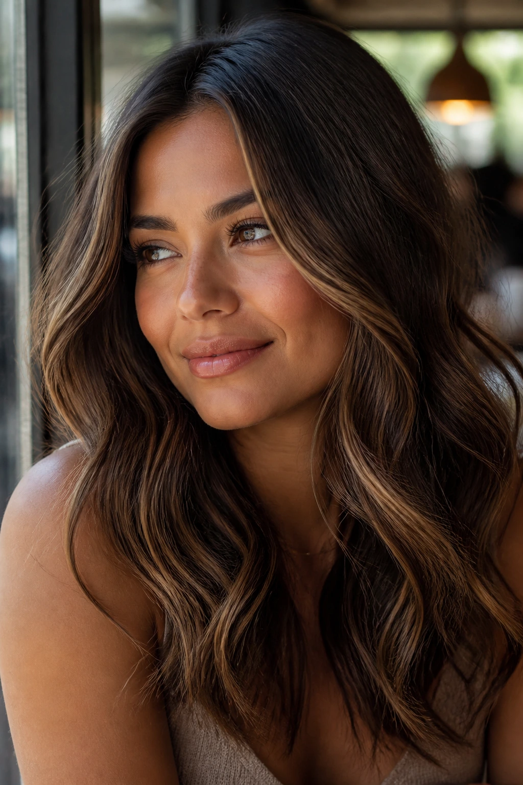 Close-up of a real woman with mocha melt hair and warm glints on tan skin.