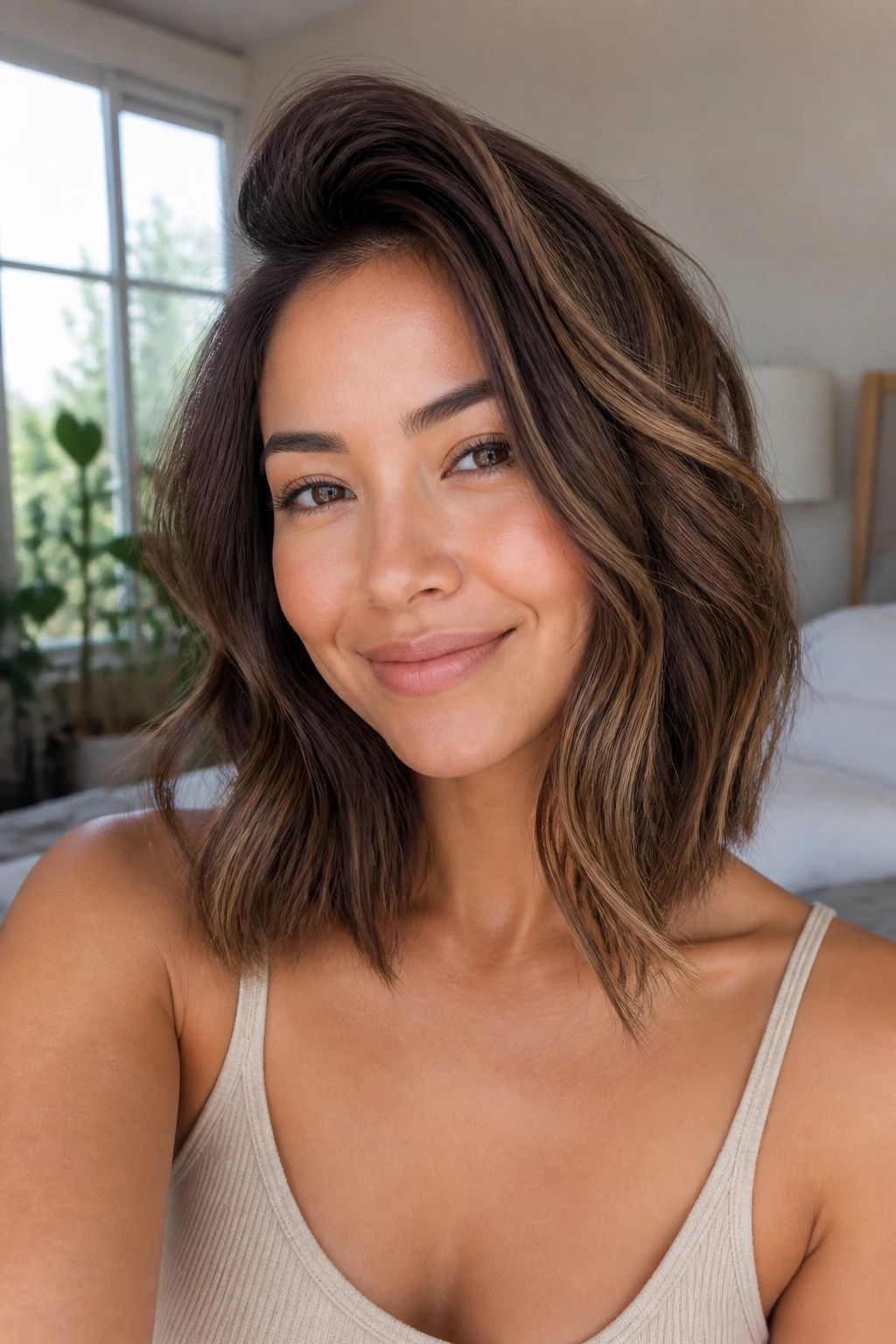 Portrait of a real person with mocha melt lob and crown volume