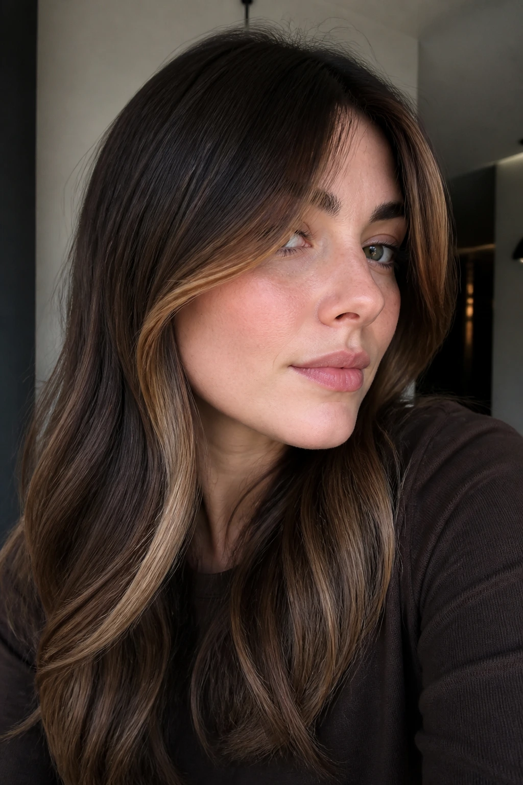 Close-up of a real woman with mocha melt and a narrow bright money piece around the face.