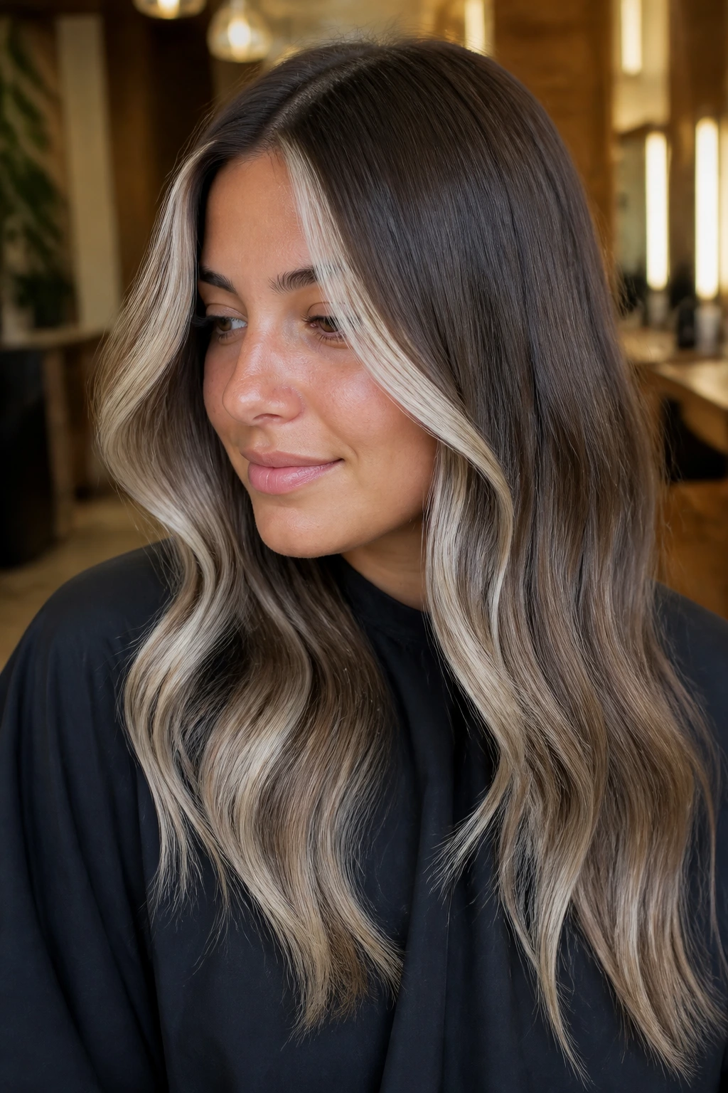 Portrait of brunette with mocha melt and platinum edge