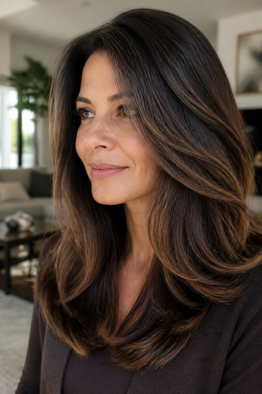 Close-up of a real woman with mocha melt and root shadow for seamless gradient.