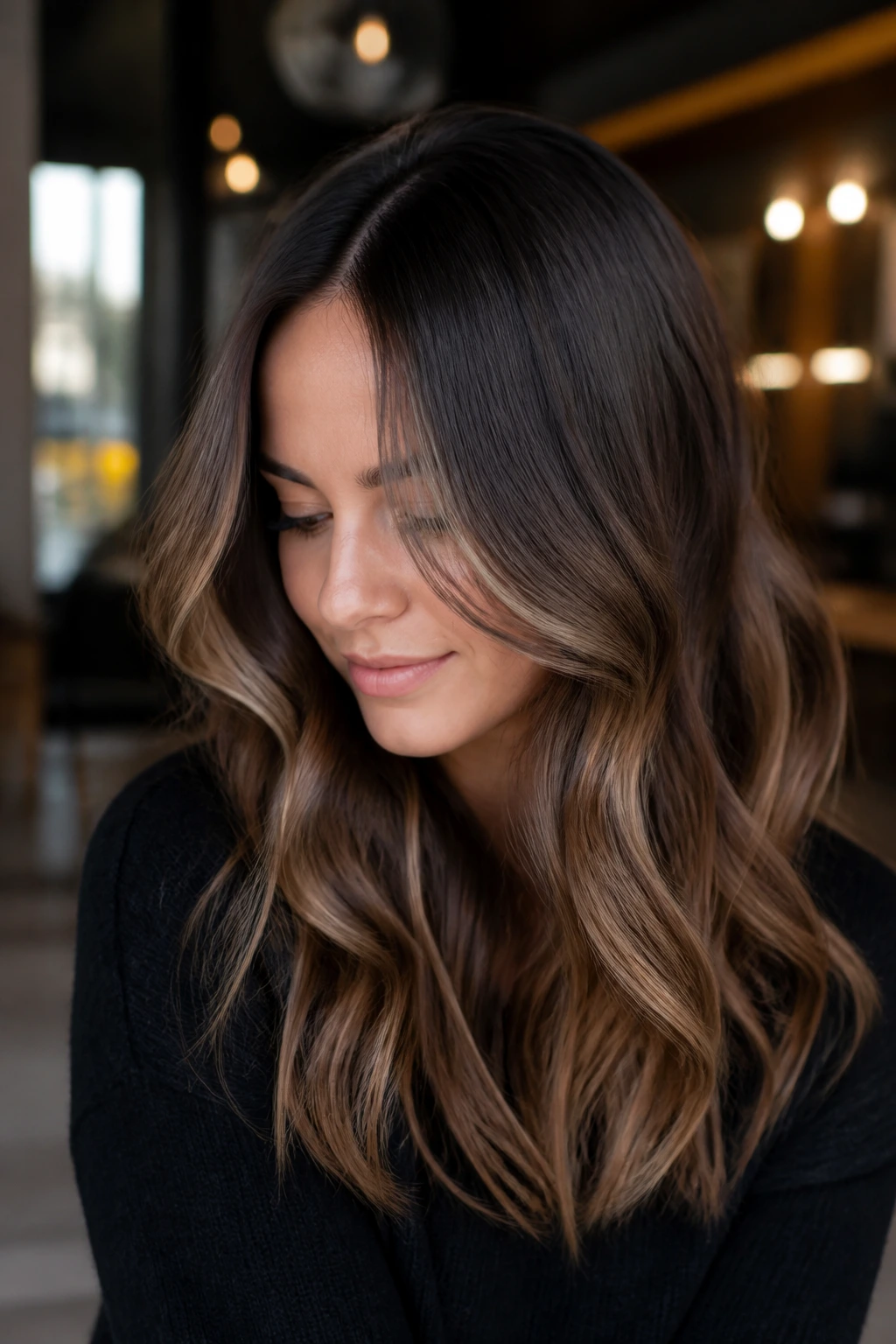 Close-up portrait of a real woman with a shadow-root mocha melt on cool skin