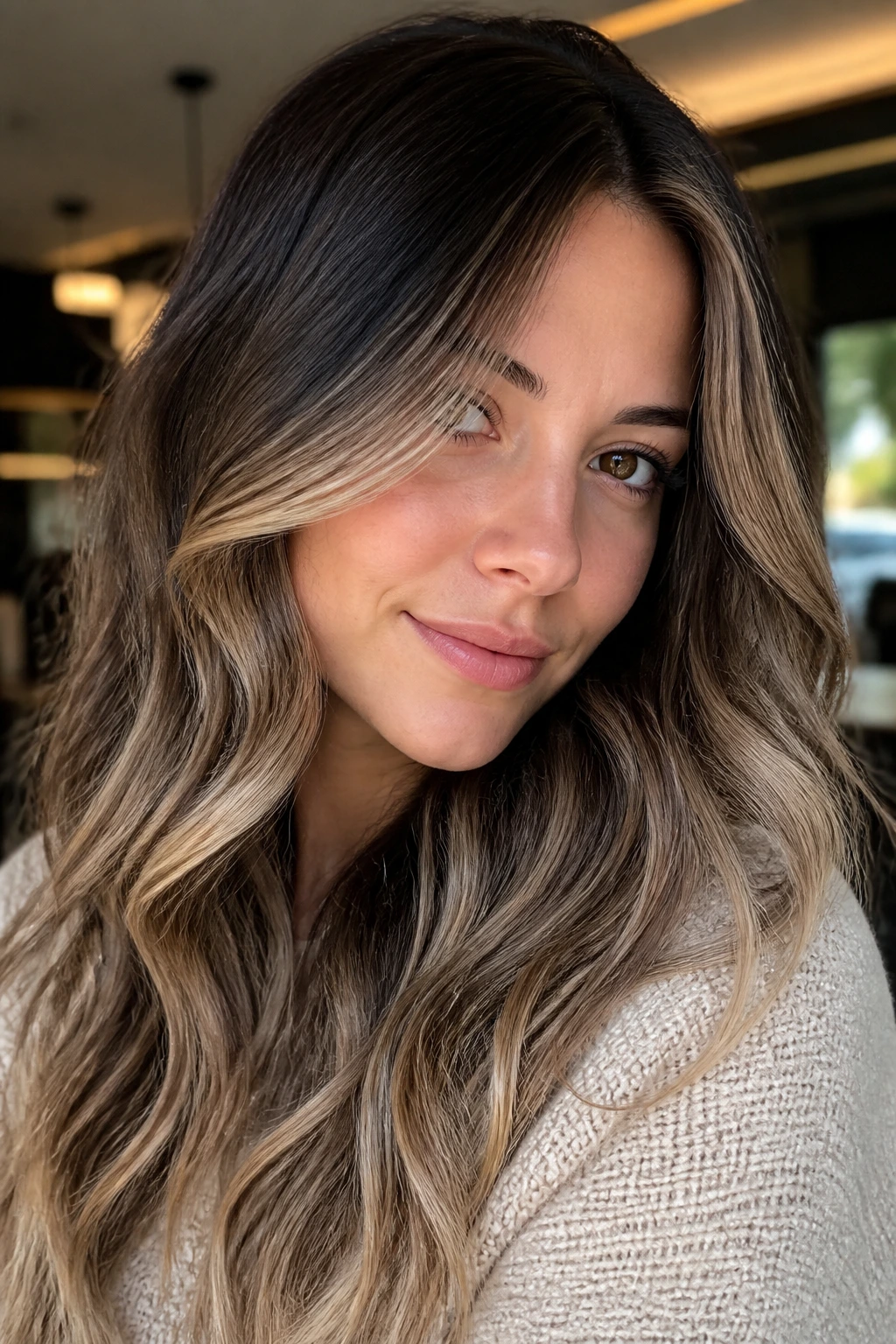 Close-up portrait with shadow-root mocha framing the face.