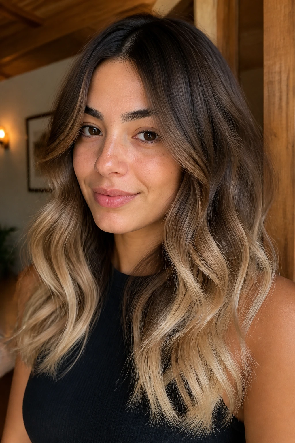 Close-up of a woman with mocha melt and vanilla ends in a warm room