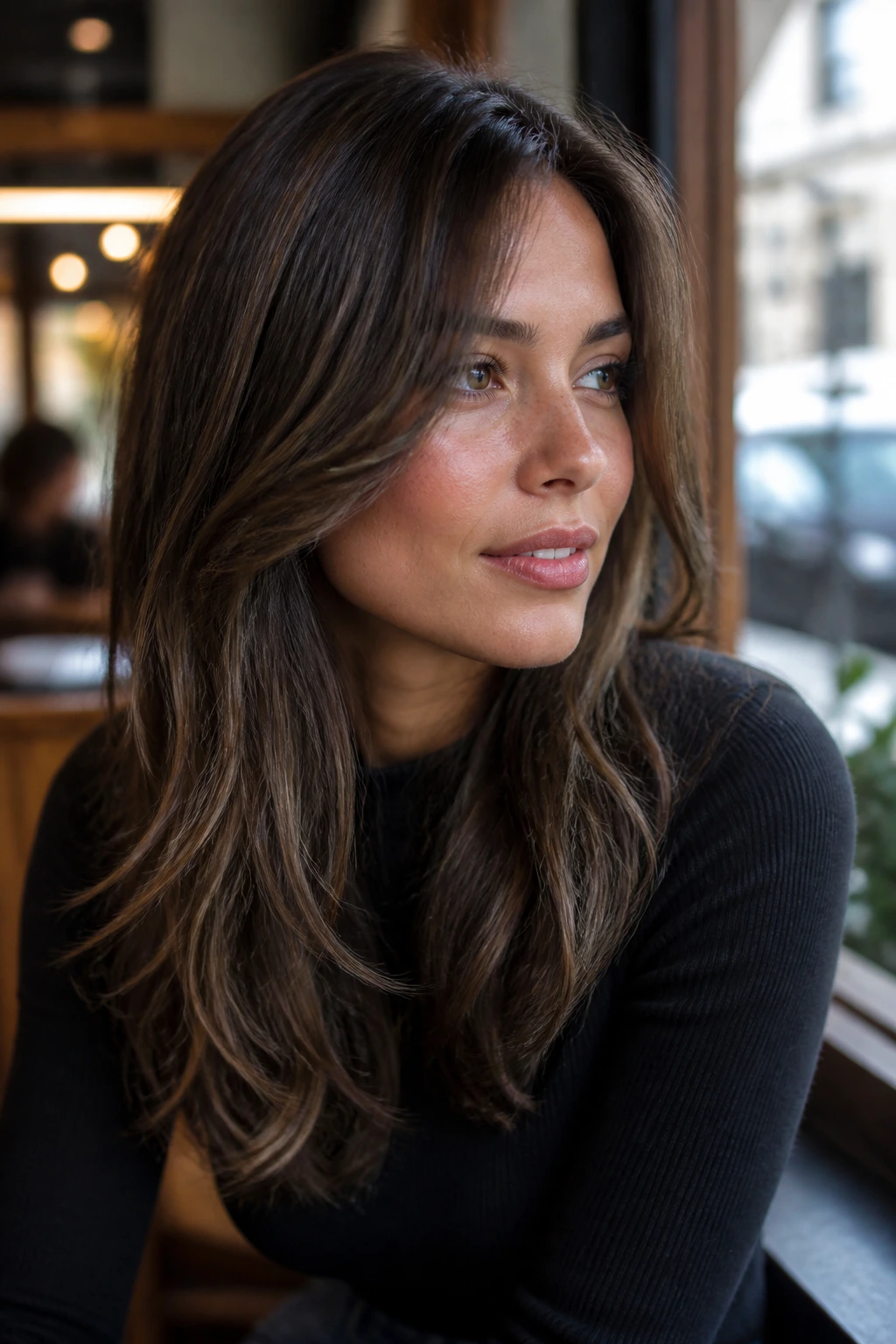 Close-up of brunette hair with Mocha Micro-Babylights on a real person.