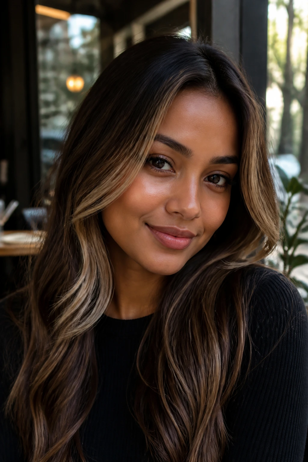 Close-up of a real woman with mocha money-piece babylights framing the face