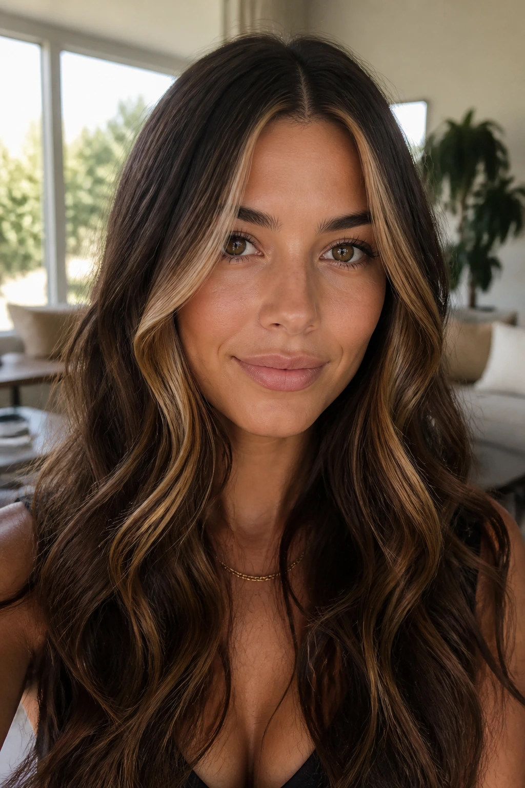 Brunette with mocha money piece framing the face
