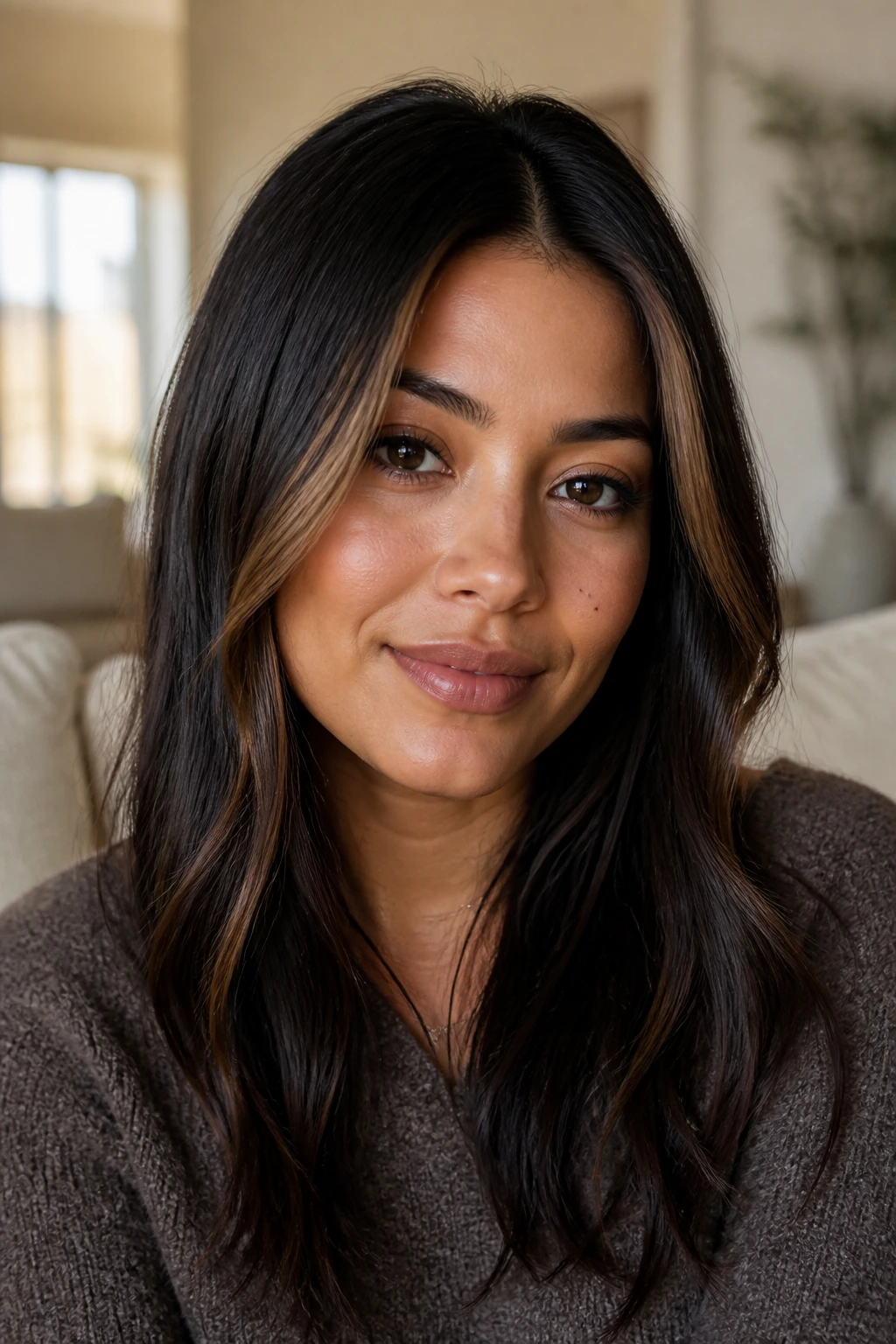 Close-up of mocha money piece framing the face on a real woman