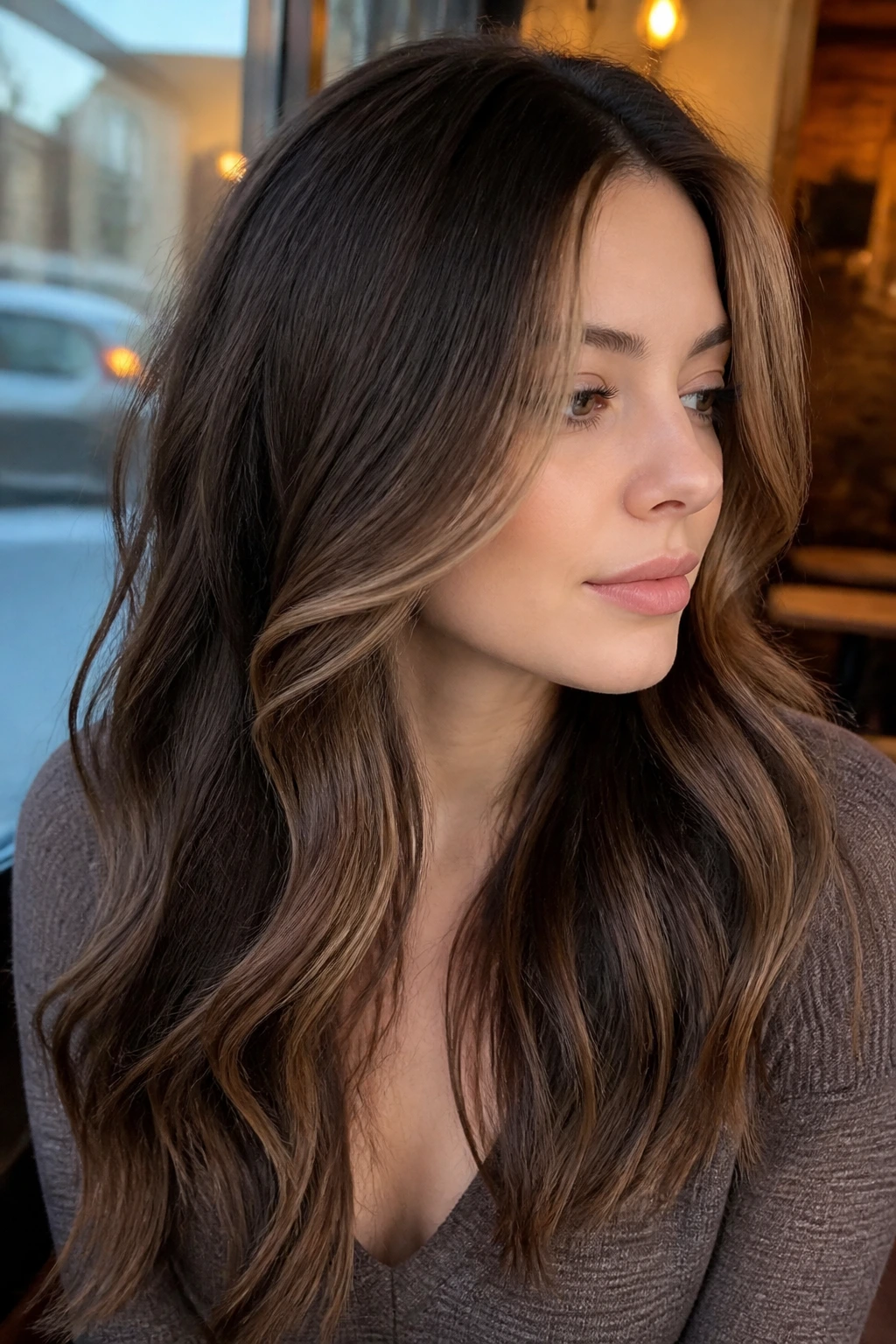 Portrait of a real woman with a mocha money piece balancing lighter front with darker hair.