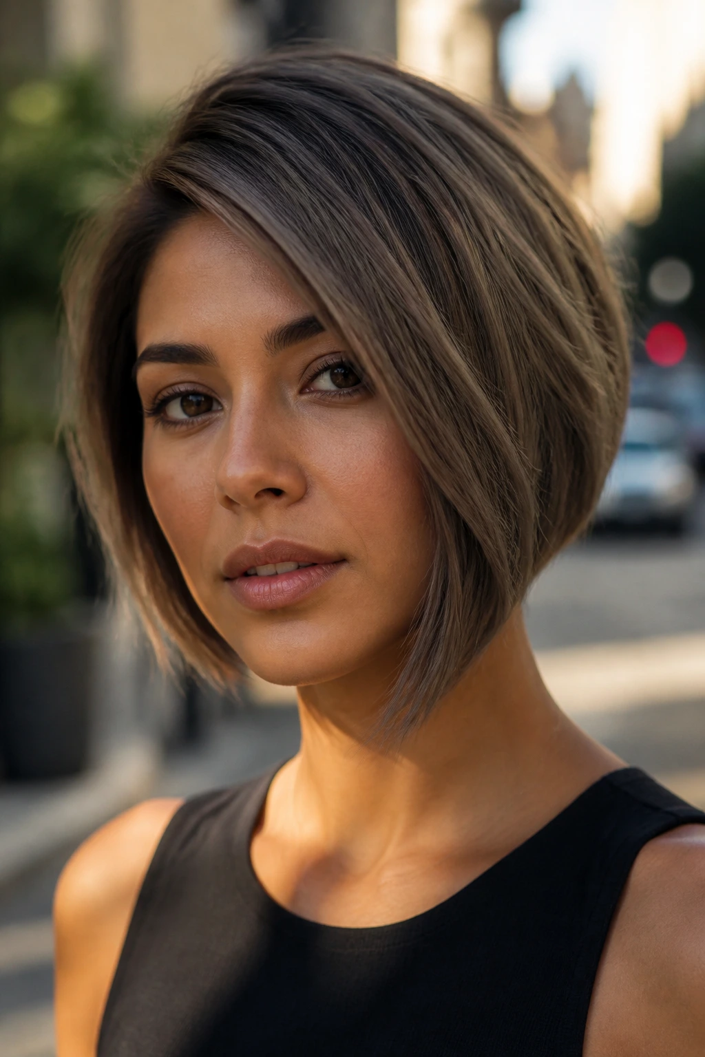 Close-up of a real woman with mocha mushroom asymmetrical bob in warm city light