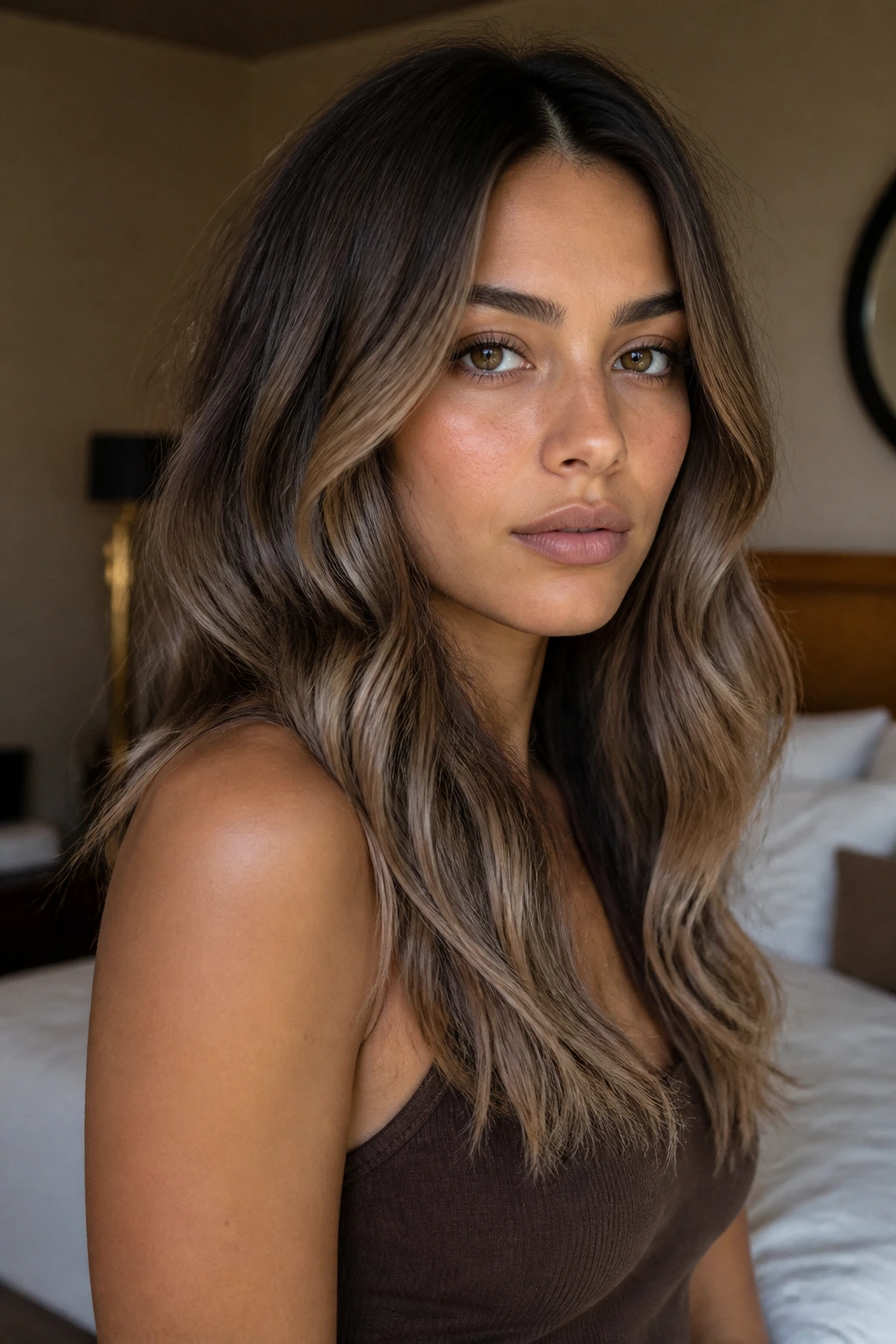 Close-up of real woman with mocha-to-mushroom gradient on olive skin.