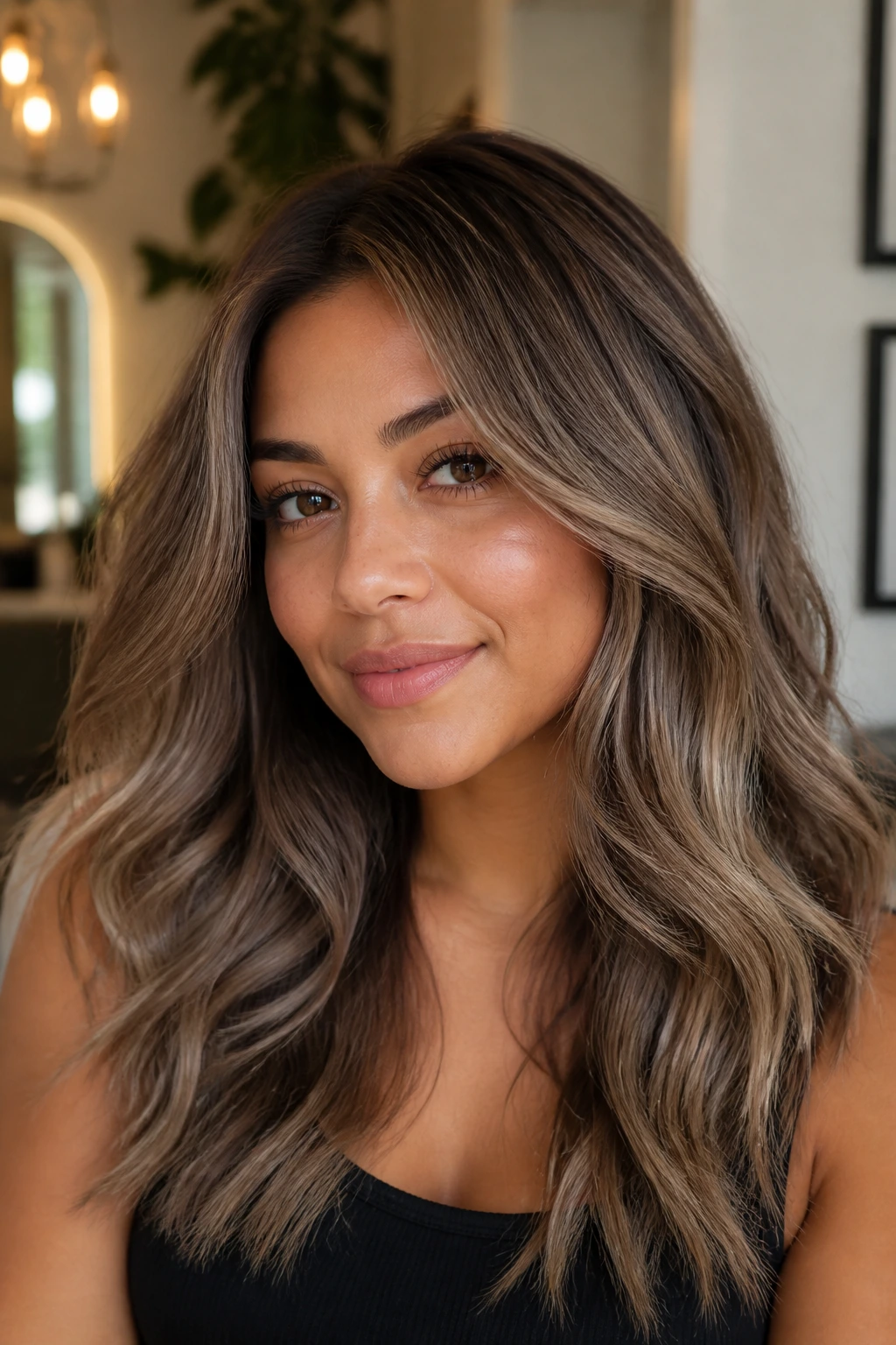 Close-up of a real woman with mocha-to-mushroom root melt on layered hair