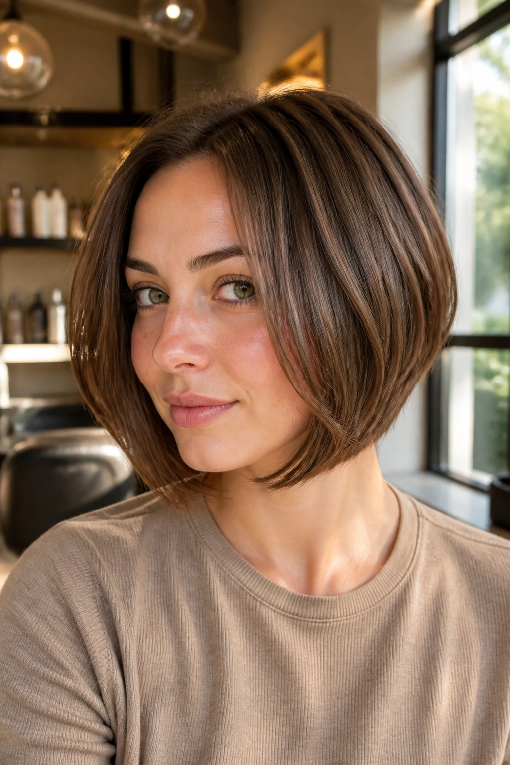 Close-up of a real woman's mocha brown octagonal haircut with soft corners framing the chin