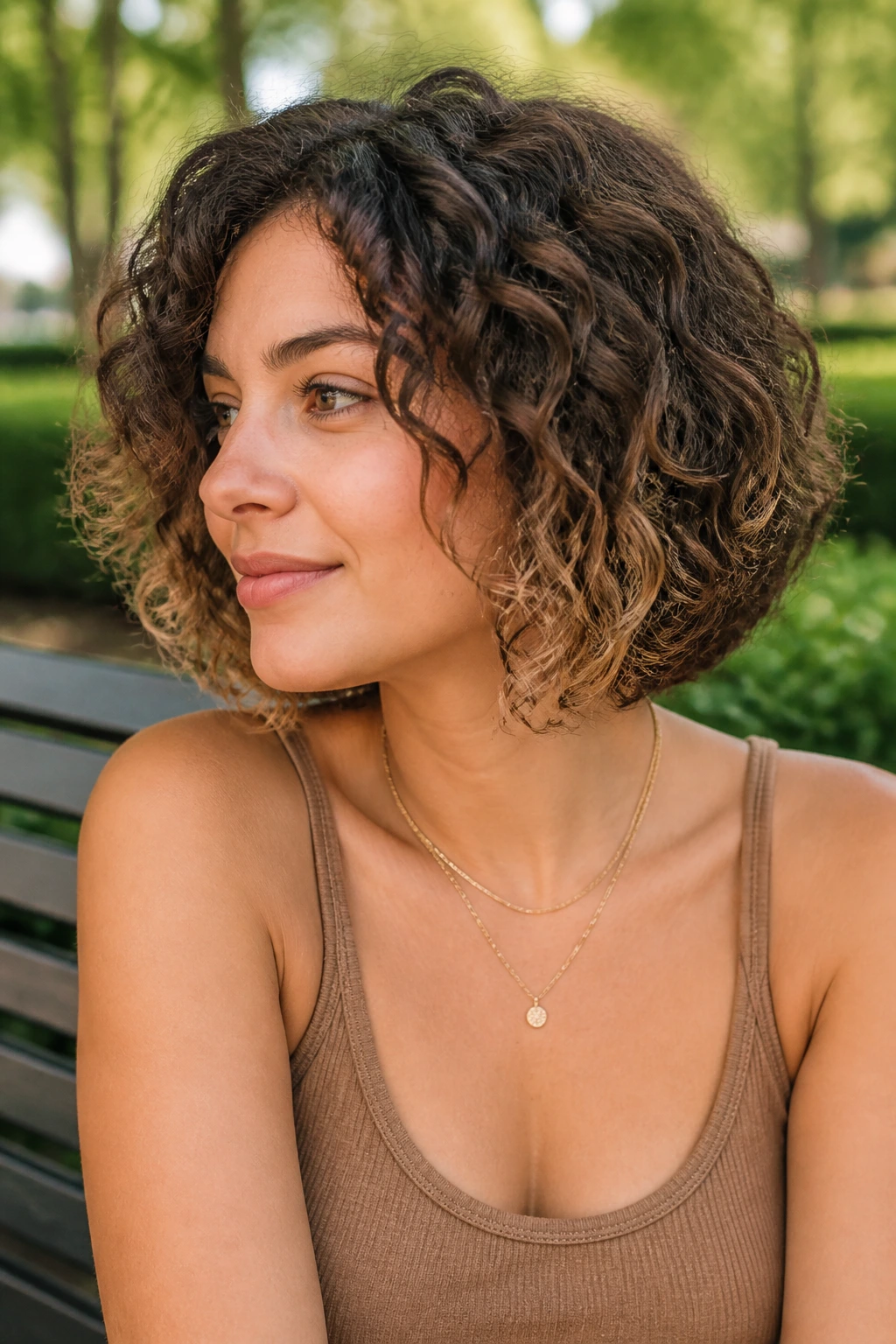 Close-up of brunette with mocha top layer and lighter underlayer peeking through curls.