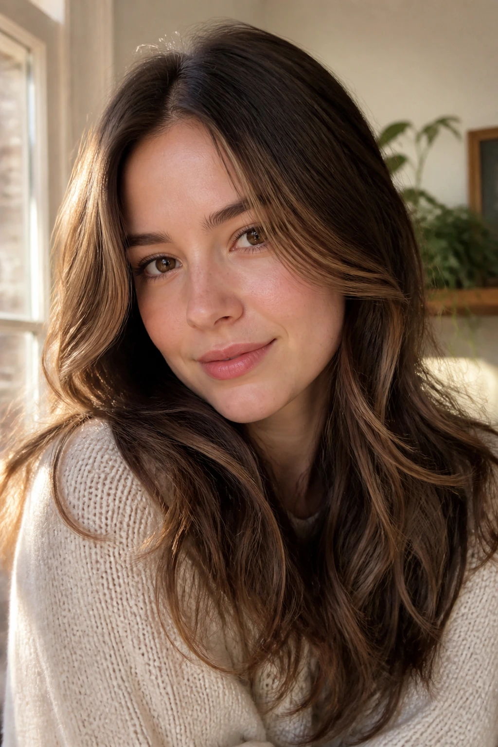 Close-up of a real woman with mocha brown hair featuring caramel ribbon lights in warm window light