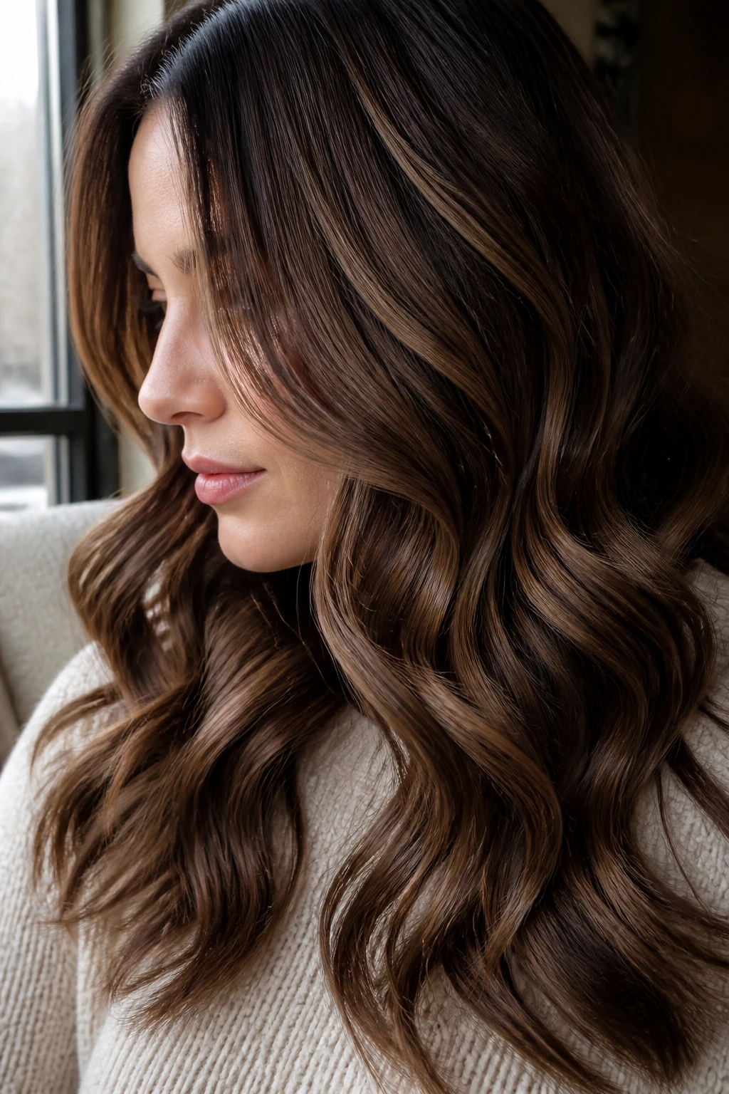 Close-up of mocha ribbon waves with lowlights.