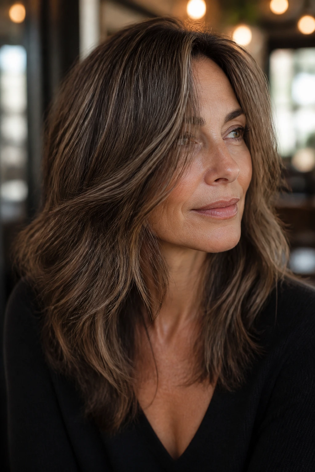 Real woman showing cool mocha ribbons in medium brown hair.
