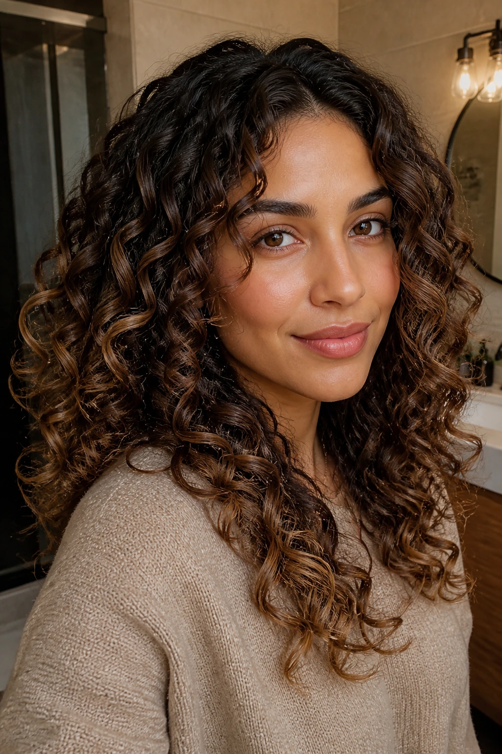 Close-up of curls with mocha root melt transitioning to caramel through midlengths