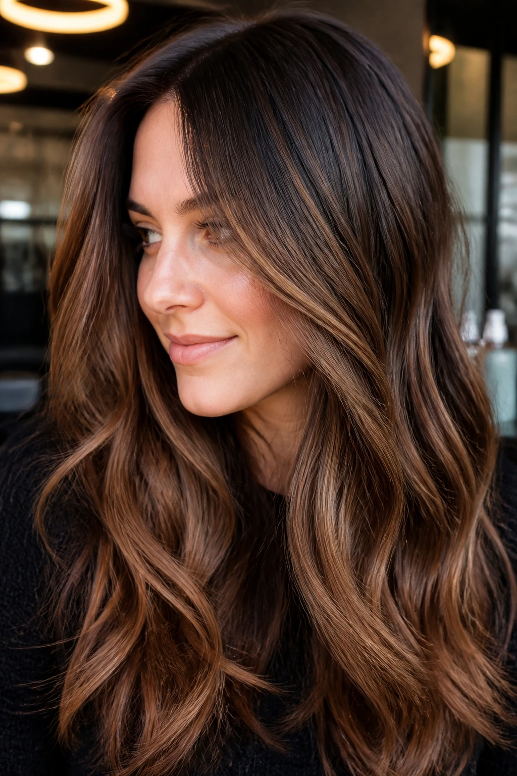 Mocha root melt with dark roots fading to caramel