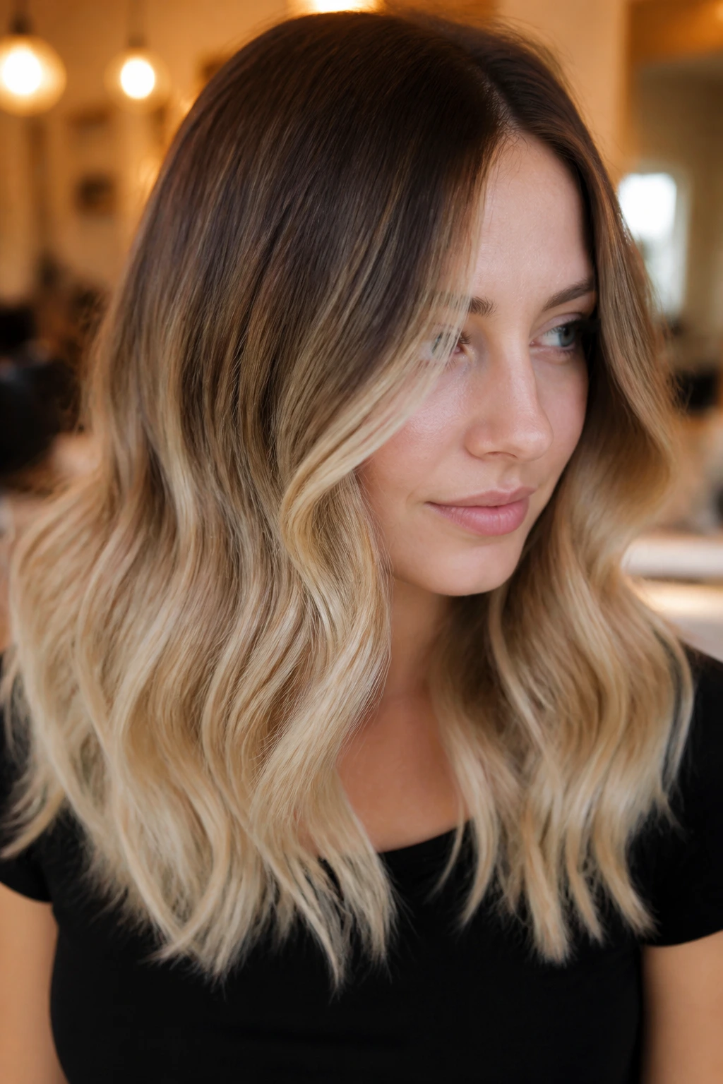 Close-up of a real person with mocha root shadow and blonde ends