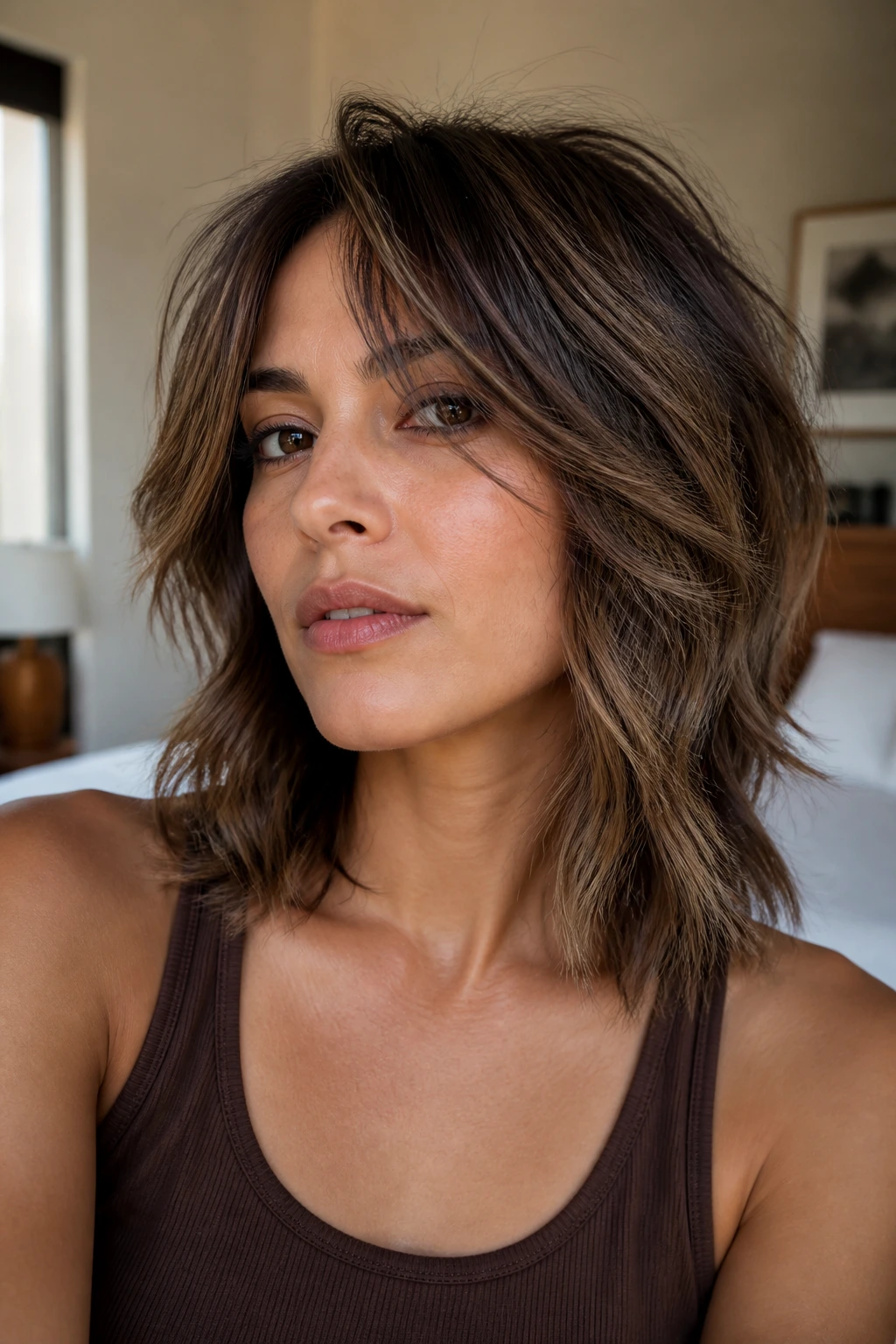 Close-up portrait of a real woman with a medium shag and mocha root shadow