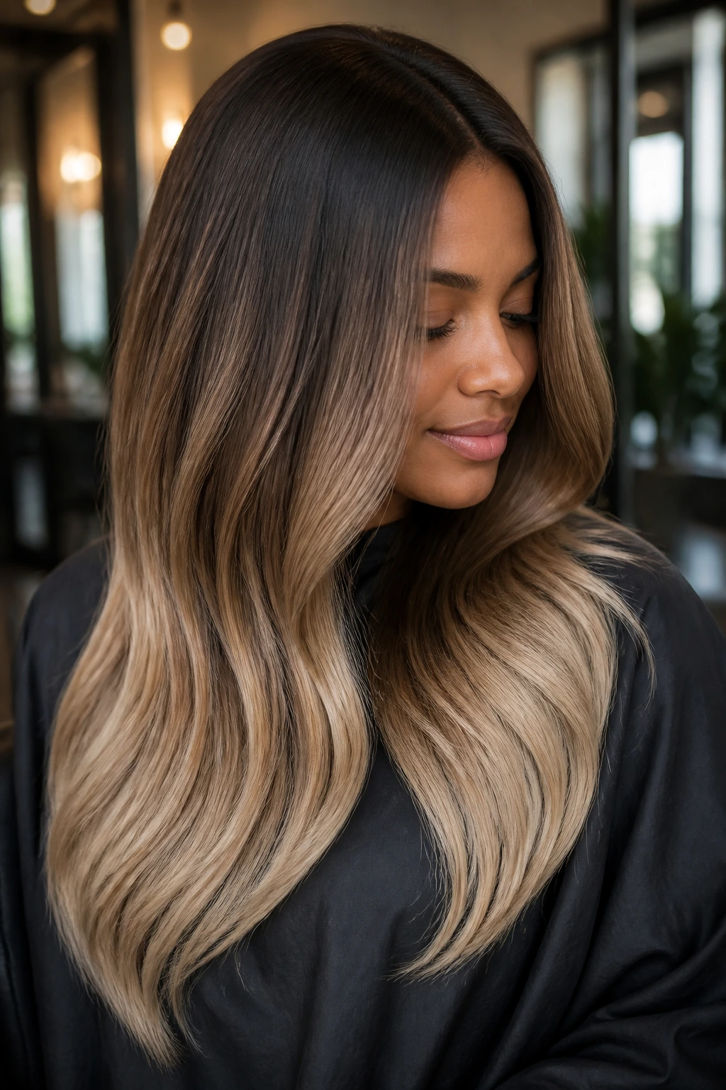 Close-up portrait of a real woman with a mocha to sand-beige long fade ombré.