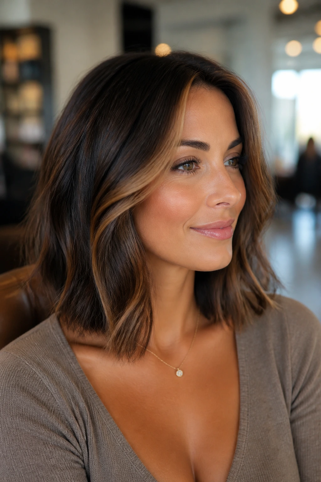 Mocha Shadow Lob close-up with caramel money piece