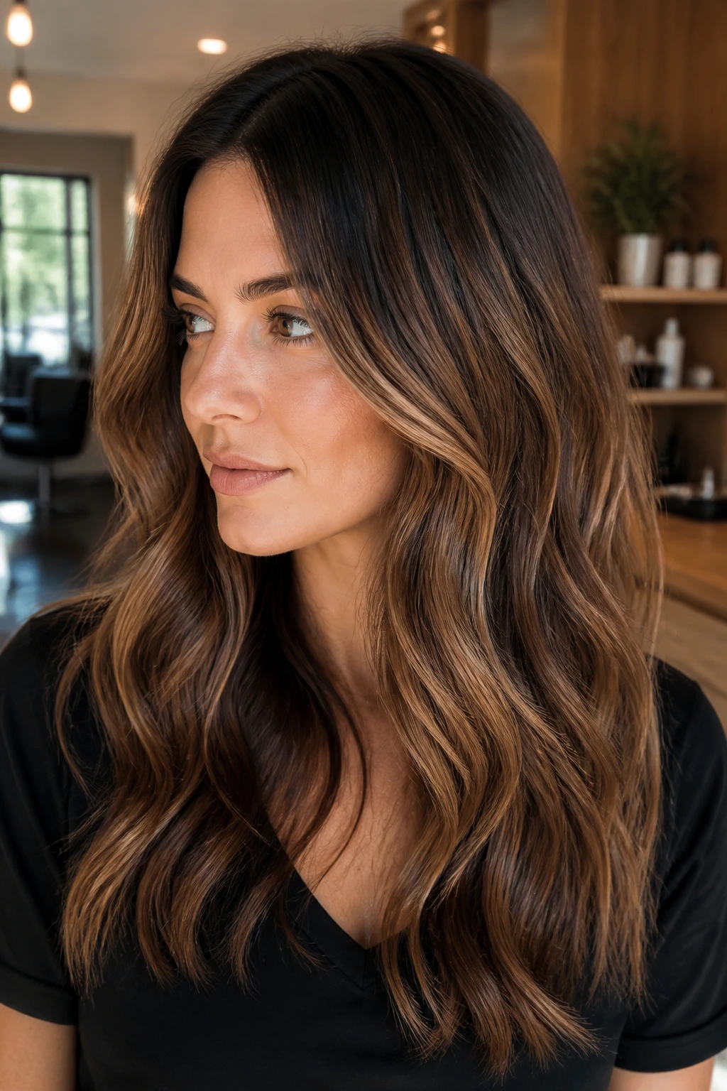 Close-up portrait of a brunette with a deep mocha shadow root and caramel mids and ends.