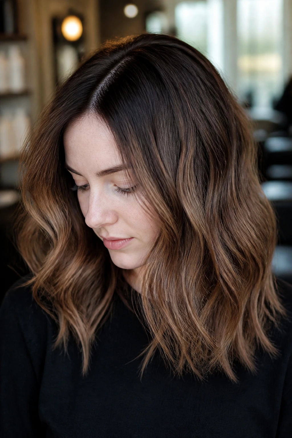 Close-up portrait of a real person with mocha shadow root on pale skin and a heart-shaped face