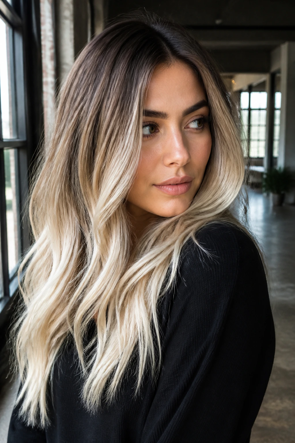 Brunette with mocha shadow root blending to platinum ends in a close-up