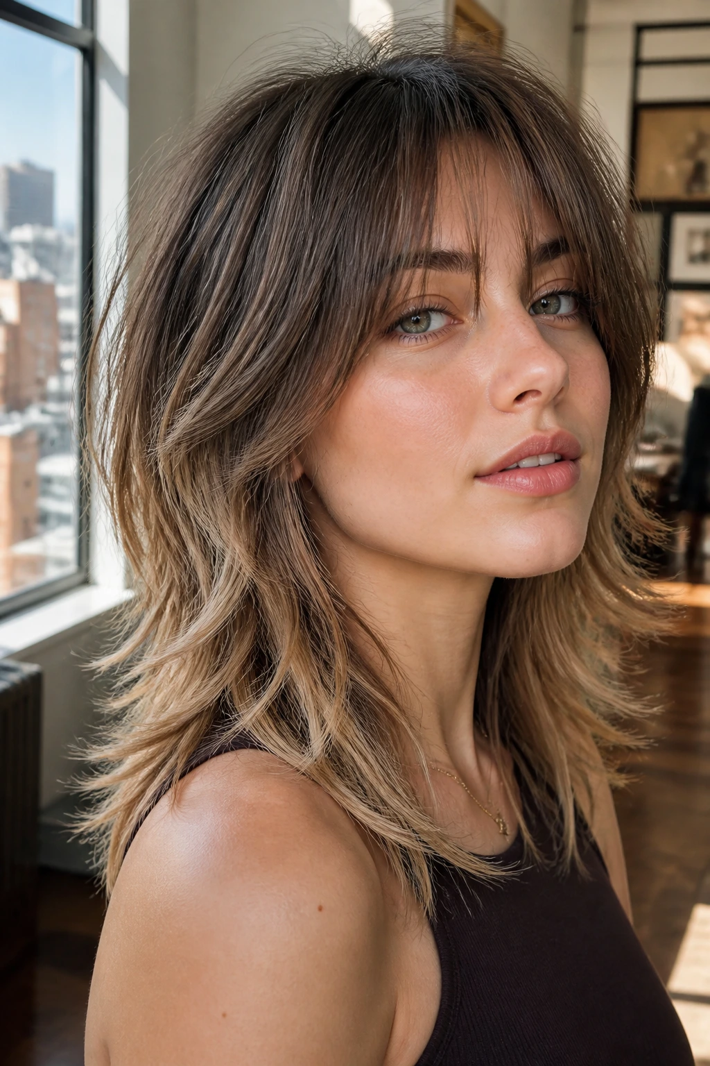 Close-up portrait of a real woman with mocha shag and buttery ends