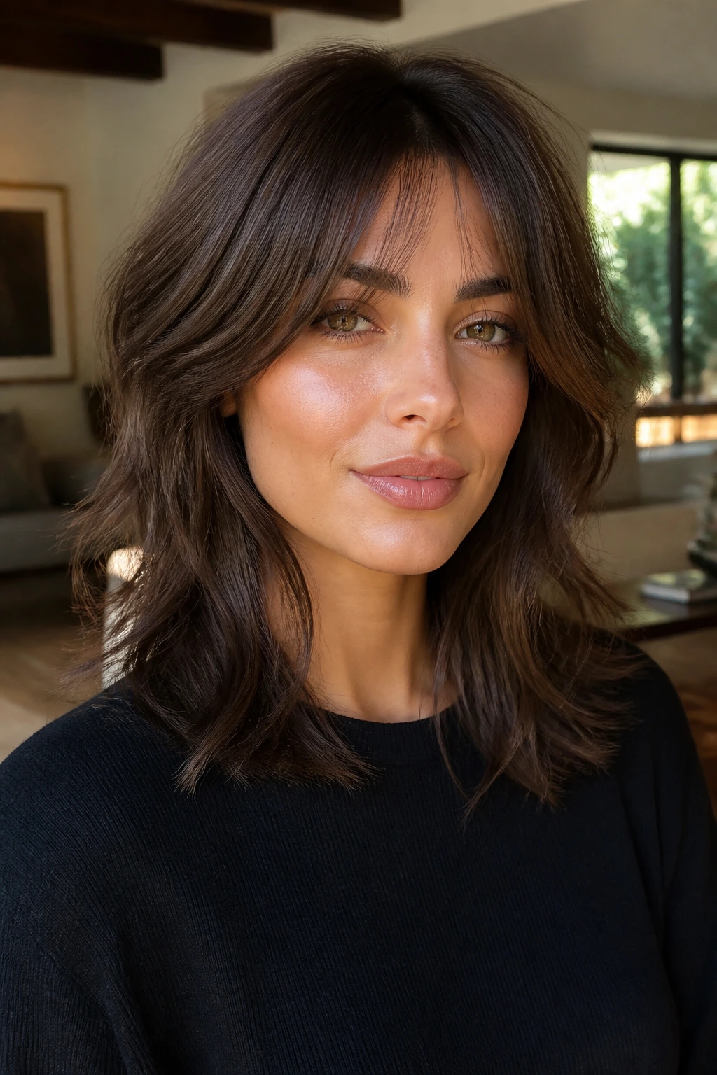 Close-up of a real woman with mocha shag haircut on olive skin
