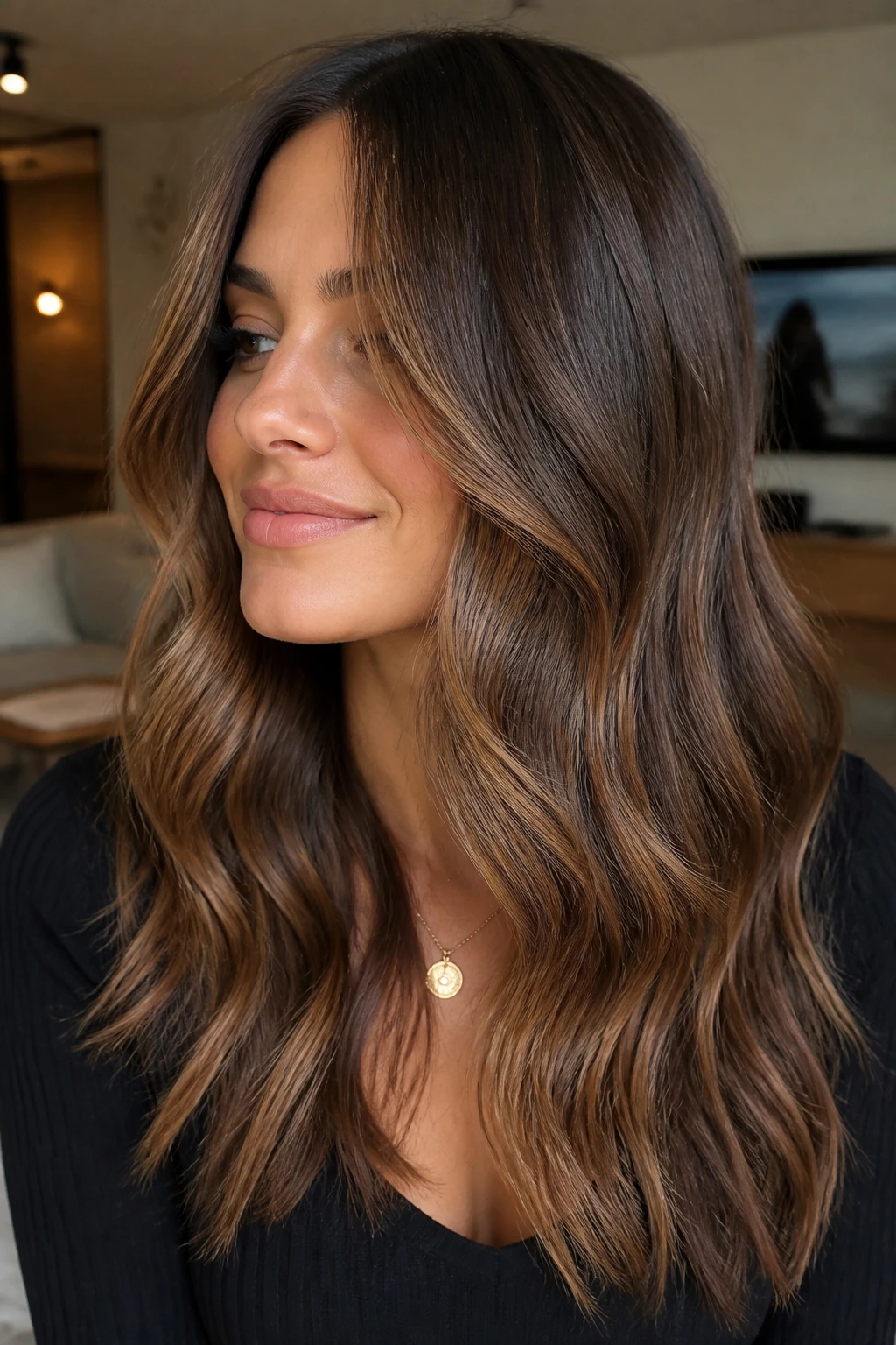 Close-up portrait of a real person with mocha silk caramel blend in brunette hair.