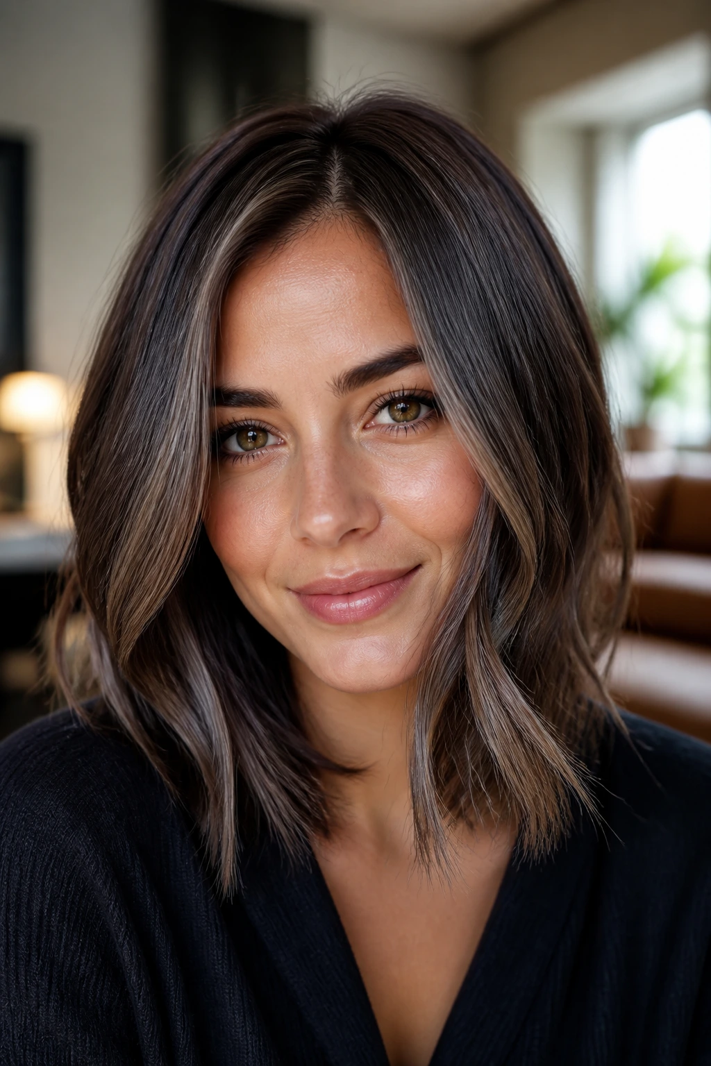 Brunette with mocha base and silver glaze, soft metallic shine