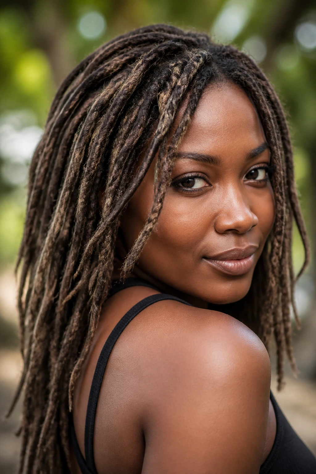 Close-up portrait of locs with mocha base and smoky grey-brown highlights.