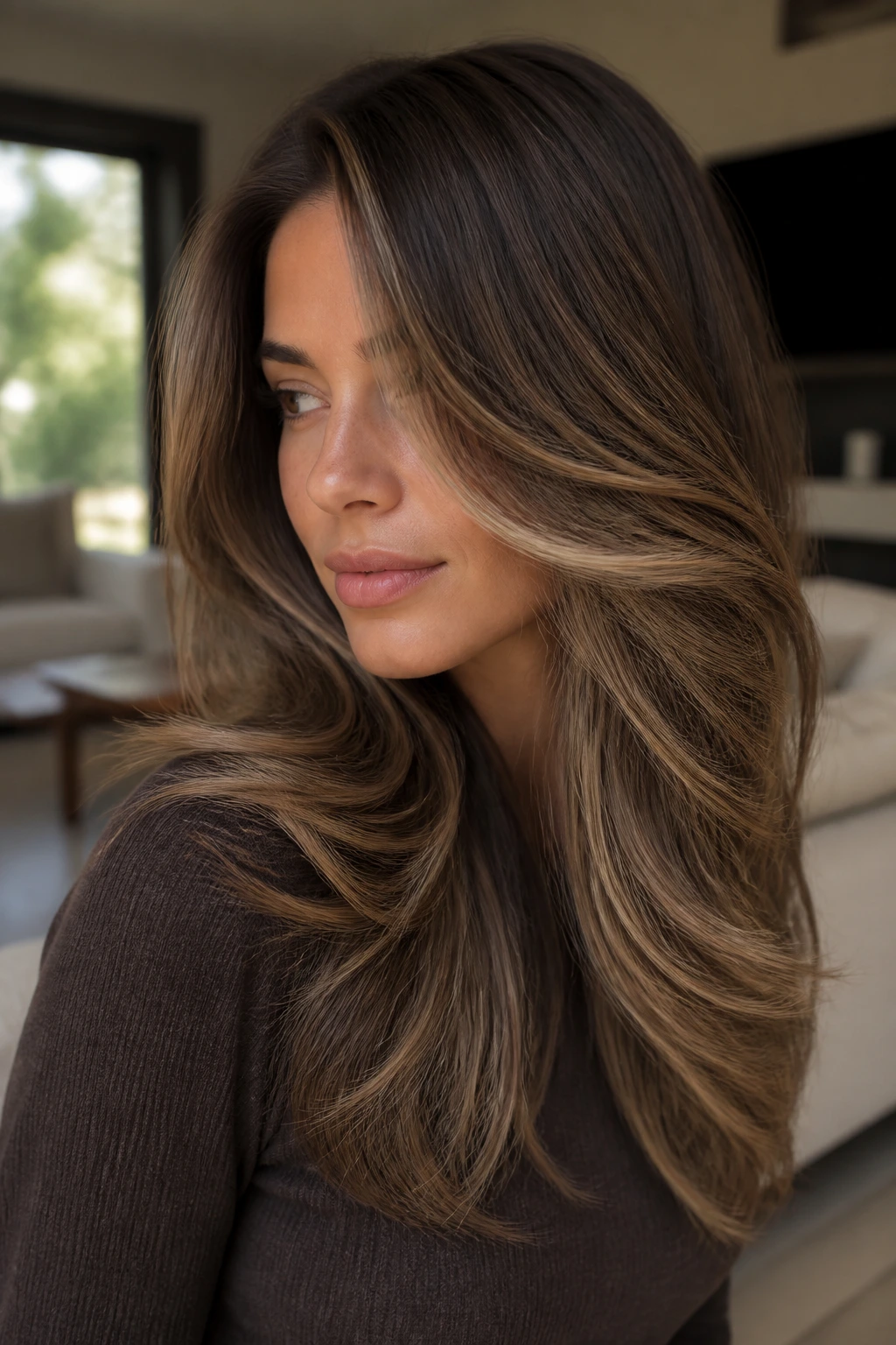 Close-up portrait of a real woman with mocha and blonde swirl through layered hair
