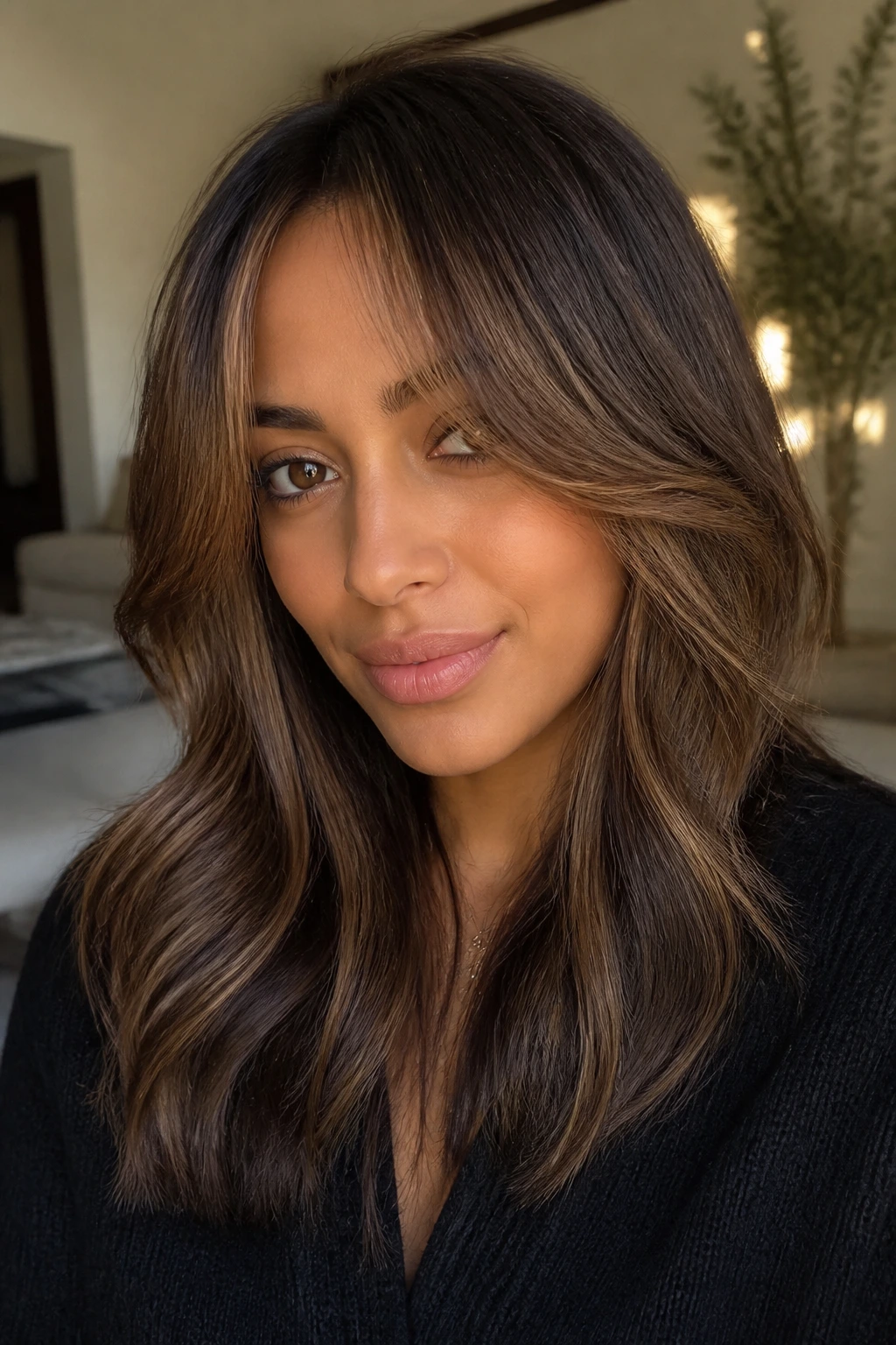 Portrait of a real woman with mocha-toffee curtain bangs framing the face.