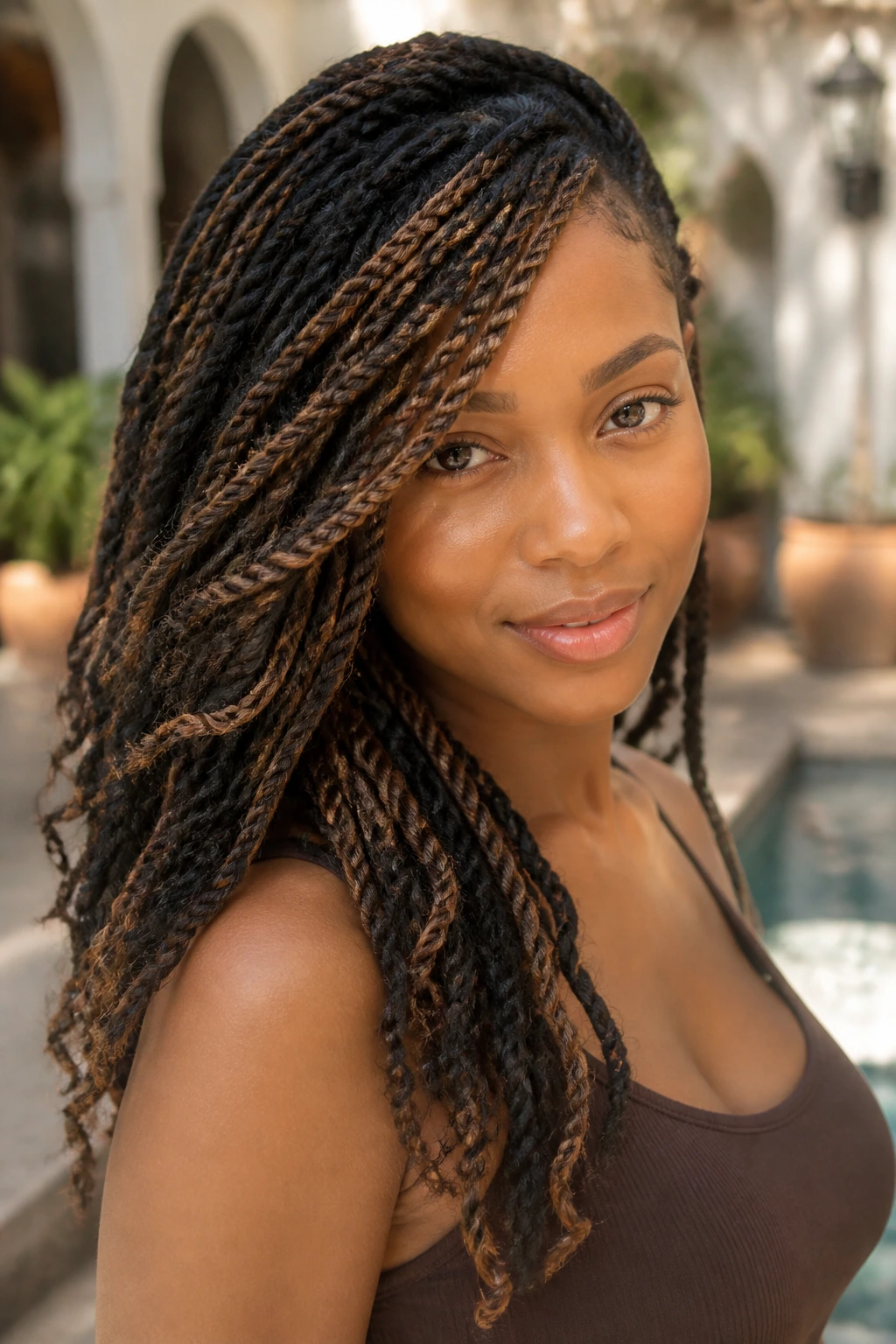 Close-up portrait of a real woman with mocha twists and side sweep