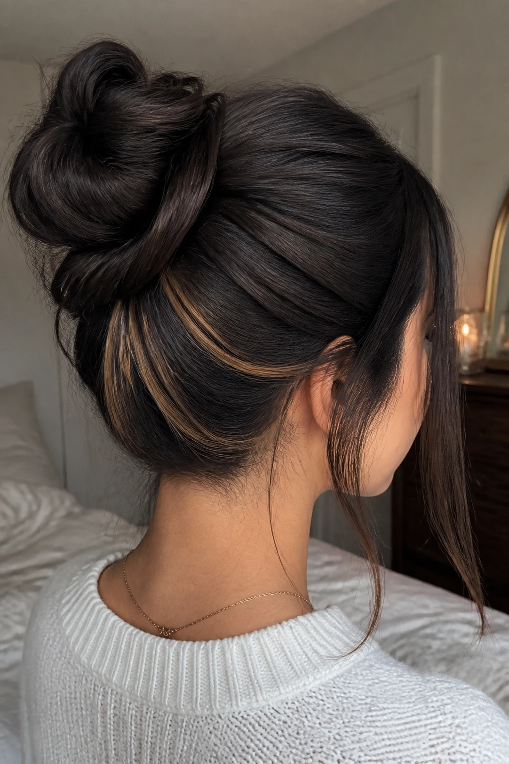 Up-close view of mocha underlayer streaks visible under the top layer in a bun