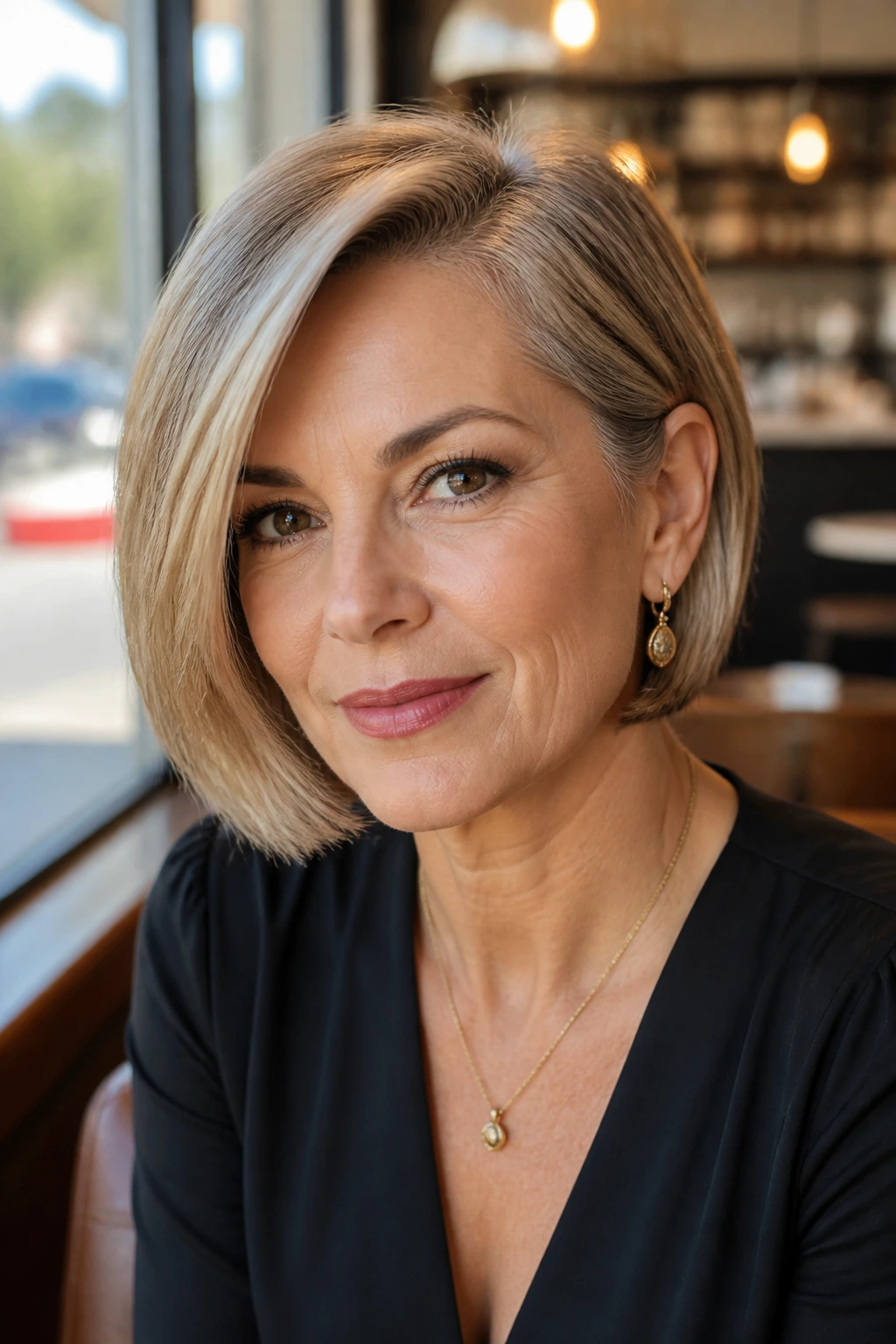 Portrait of a real woman with a modern bob and deep side part in natural daylight