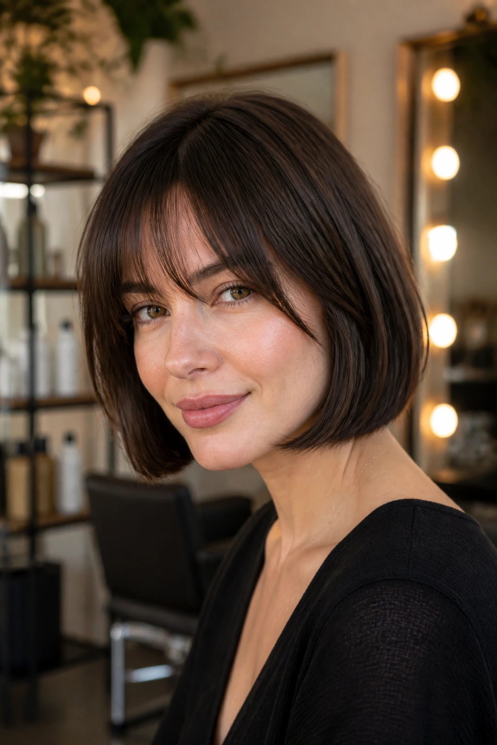 Portrait of a woman with a modern bob flattering a heart-shaped face.